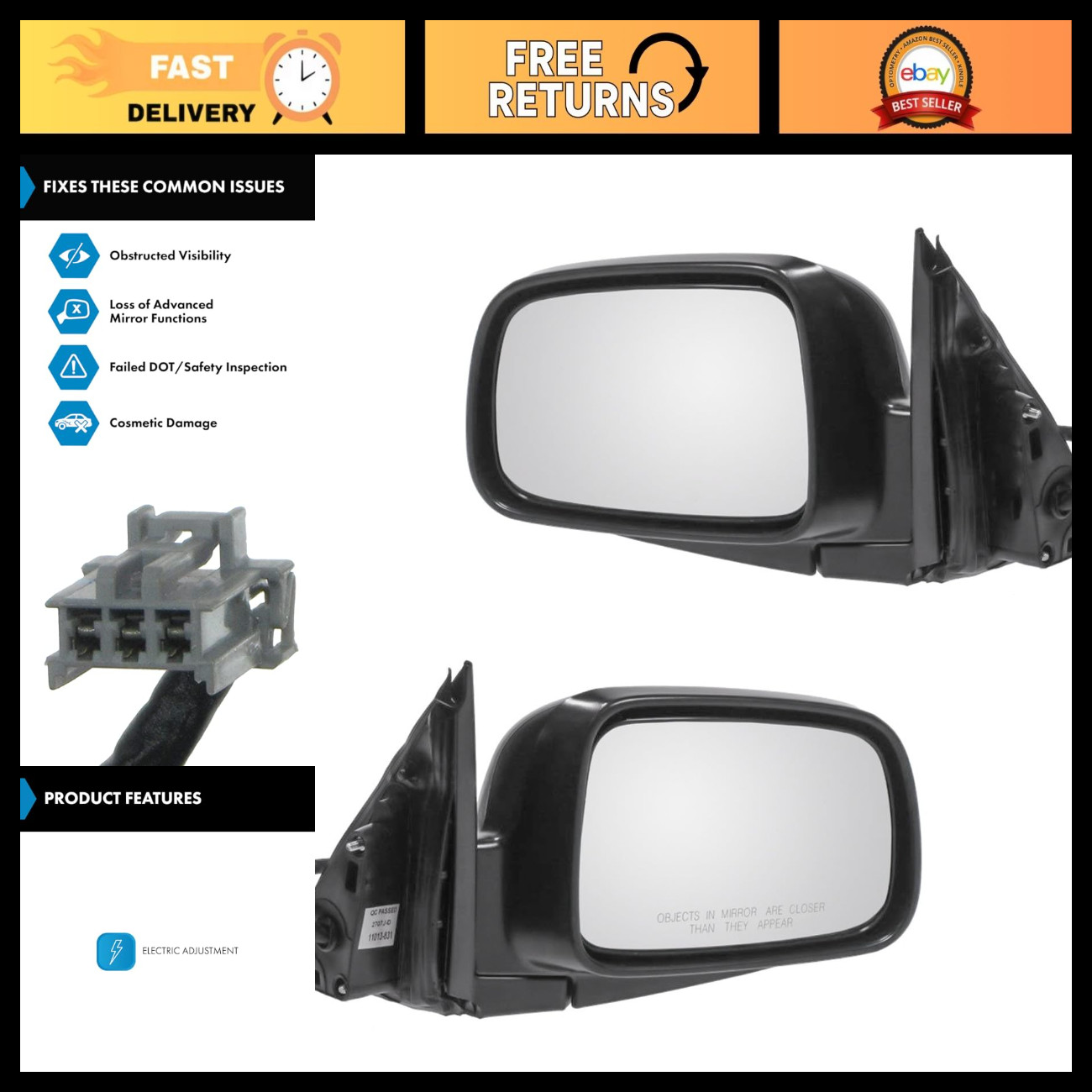 Electric Side Mirror Assembly Set - 2 Piece Driver & Passenger, Adjustable, OEM