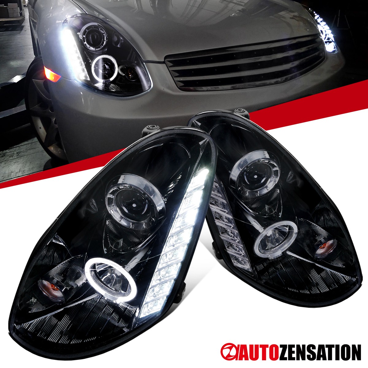 Fit 2005-2006 Infiniti G35 Sedan 4Dr LED Halo Projector Headlights Lamps Smoke