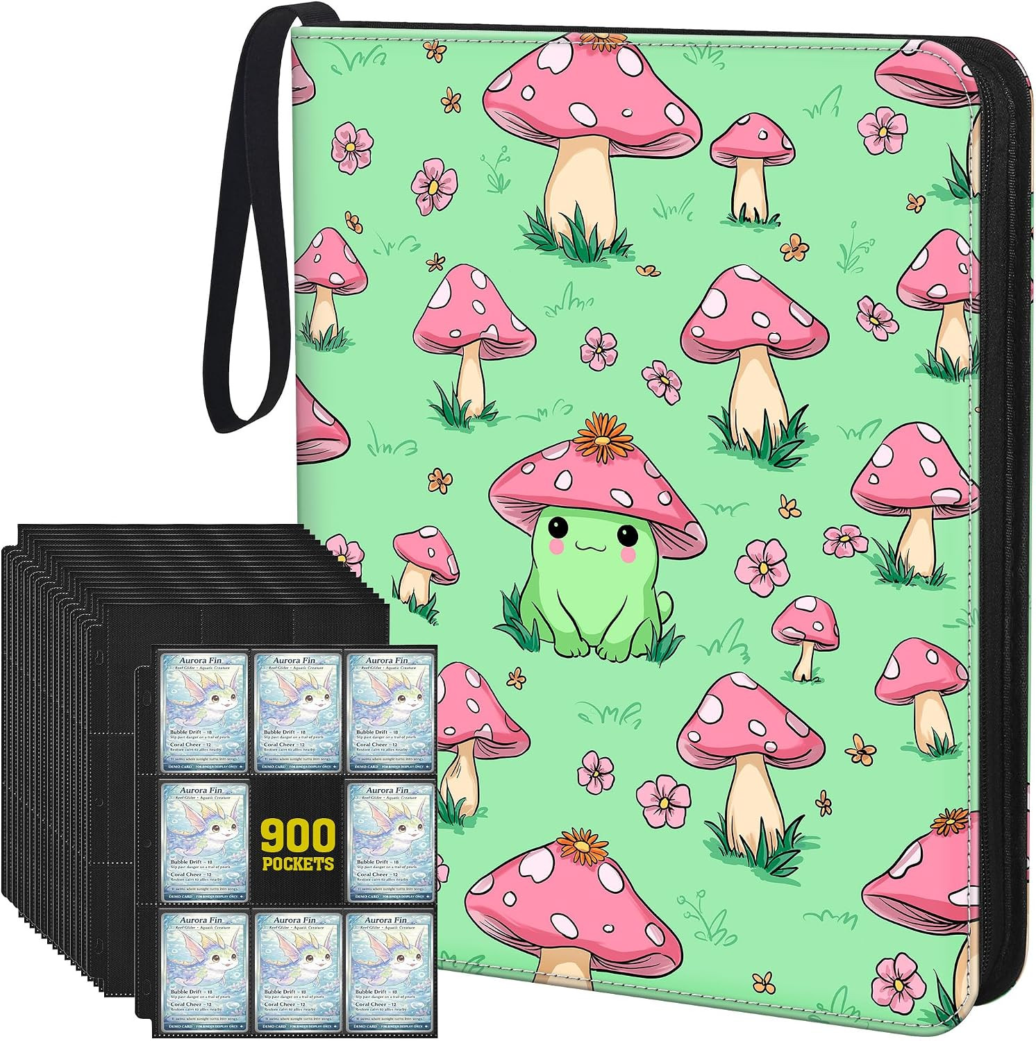 Cute Frog & Mushroom 9-Pocket Trading Card Binder Album, 900 Card Zipper Binder Cute Frog & Mushroom 9-Pocket Trading Card Binder Album, 900 Card Zipper Binder