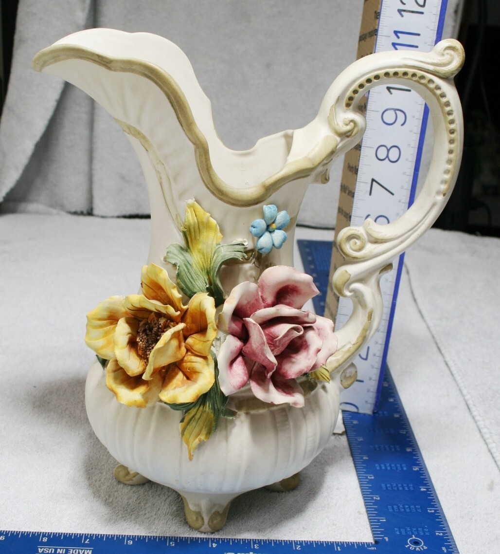 Rare Vintage Pitcher Footed Vase Capodimonte Italy Hand Painted Antique N Mark