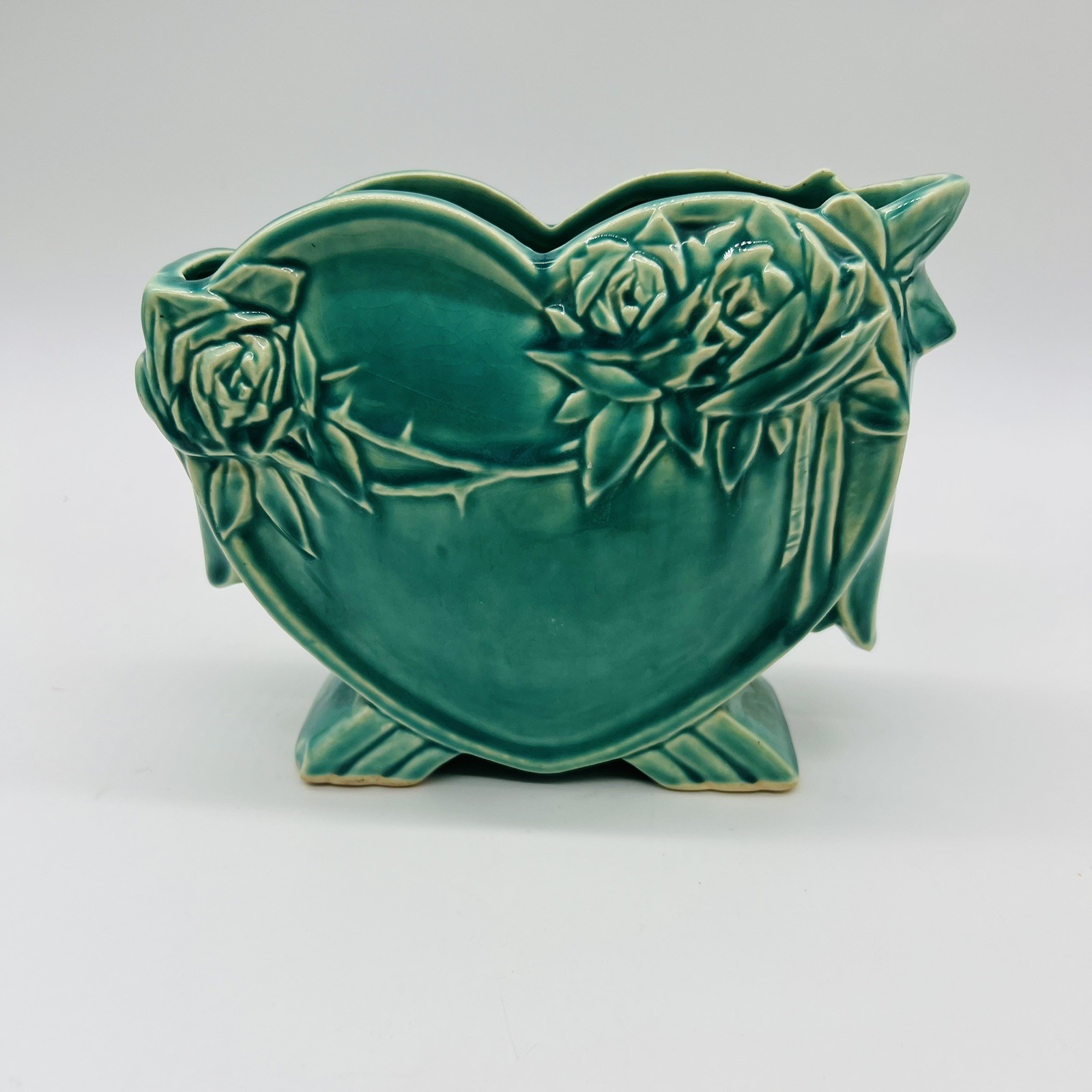 Vtg 40s Nelson McCoy Aqua Heart Vase/Planter w/Roses & Bow Pottery Vtg 40s Nelson McCoy Aqua Heart Vase/Planter w/Roses & Bow Pottery