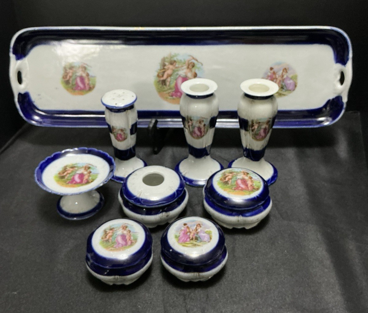 Fantastic Victorian German Porcelain Vanity Set w/Candle Holders - 13 Piece Set