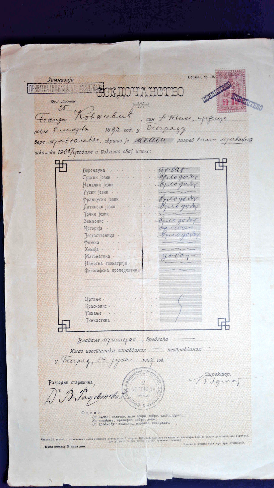 Serbia  / 1909 Academic Grades Document w/ (1) stamp -  Lot 0625005