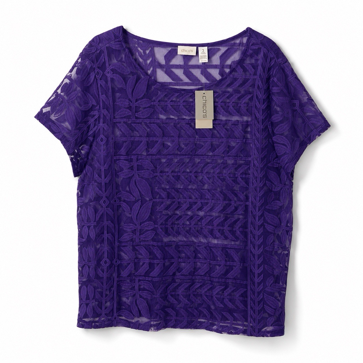Chico\'s Fairlawn Foliage Top Women\'s 3 Purple Sheer Embroidered Short Slv NWT