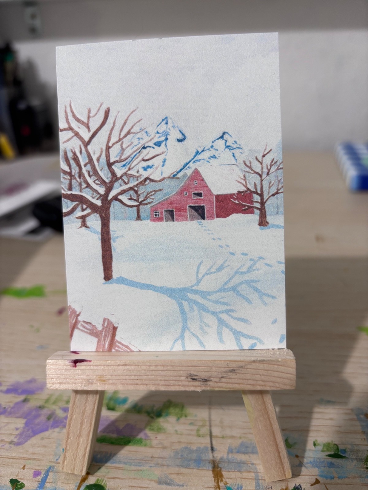 ACEO Original Print, Winter Barn, Acrylic Painting