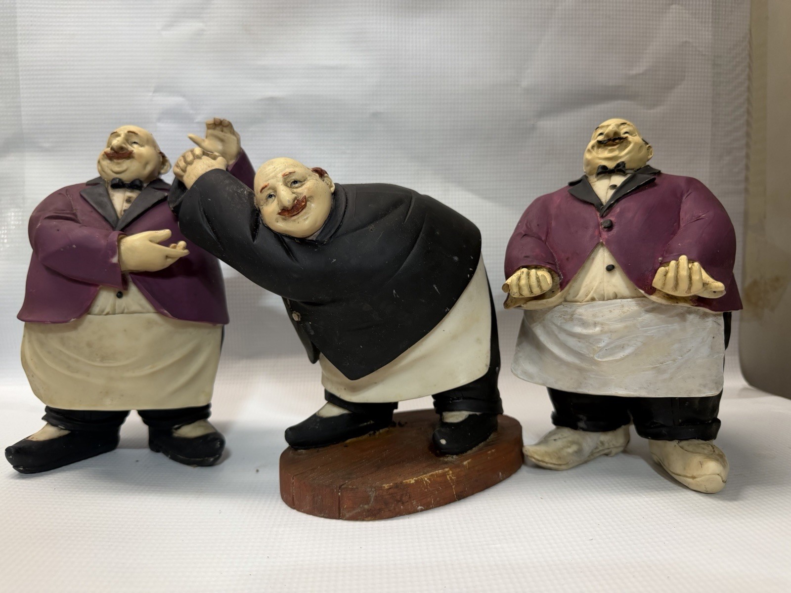 Vintage Whimsical Fat Waiter Butler Resin Figurine Set 3 Piece Kitchen Decor