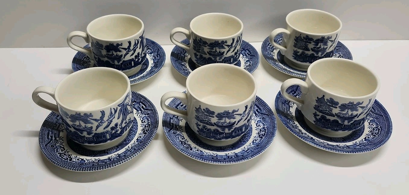 6 Vintage Churchill England Blue Willow Coffee Tea Cup Saucer Sets Staffordshire