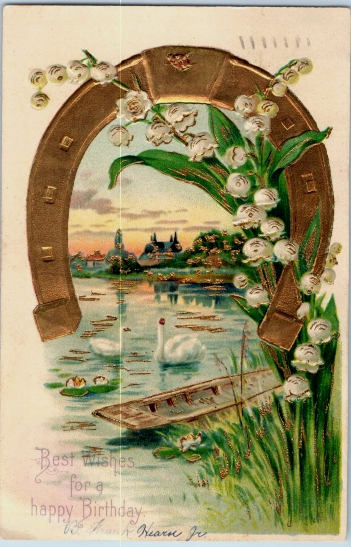 Vintage Victorian Postcard 1907 Best Wishes for a Happy Birthday - Horseshoe