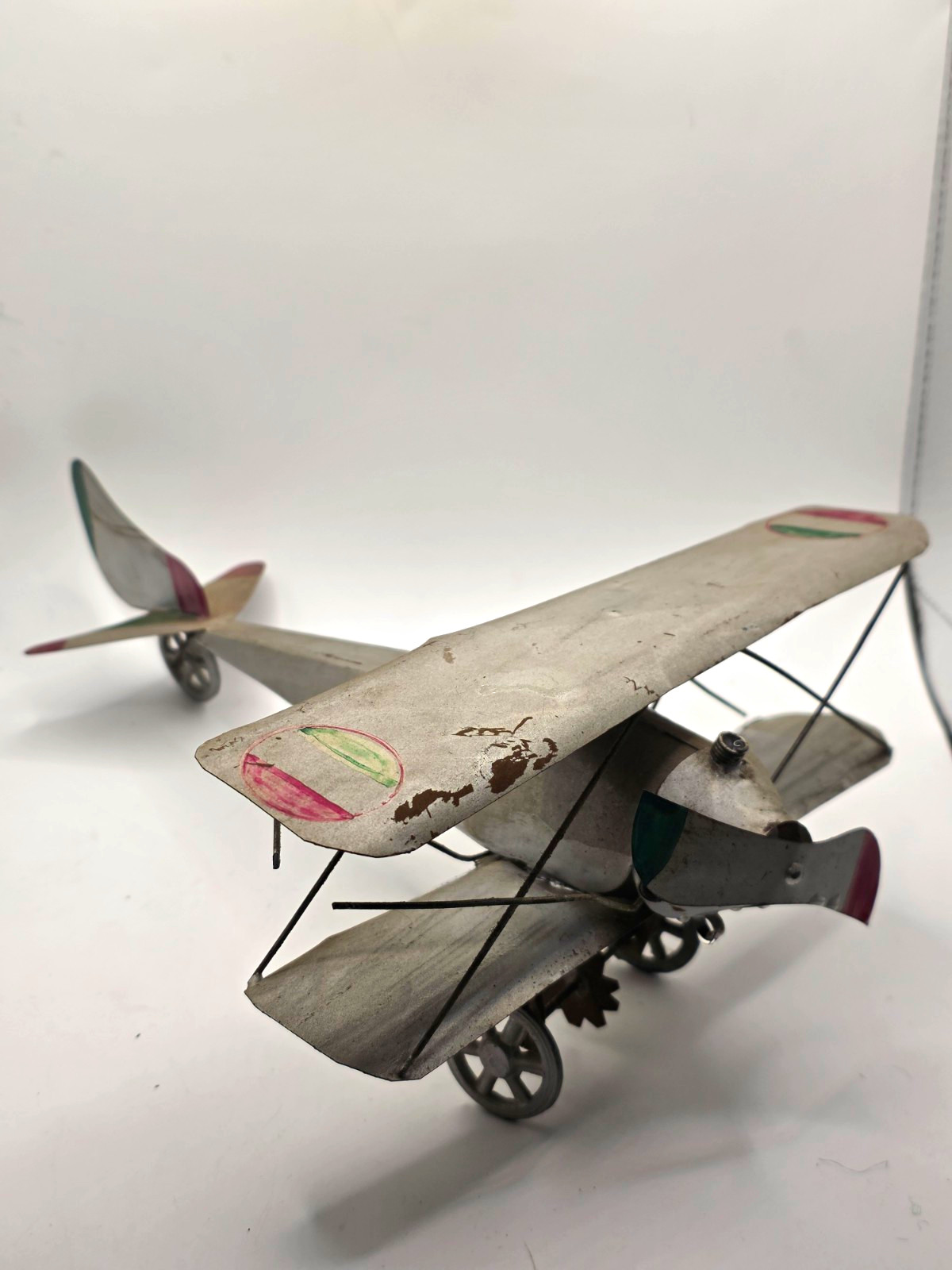 Antique Early 1900s WWI Italian Style Tinplate Biplane Toy Wire Rigged Propeller