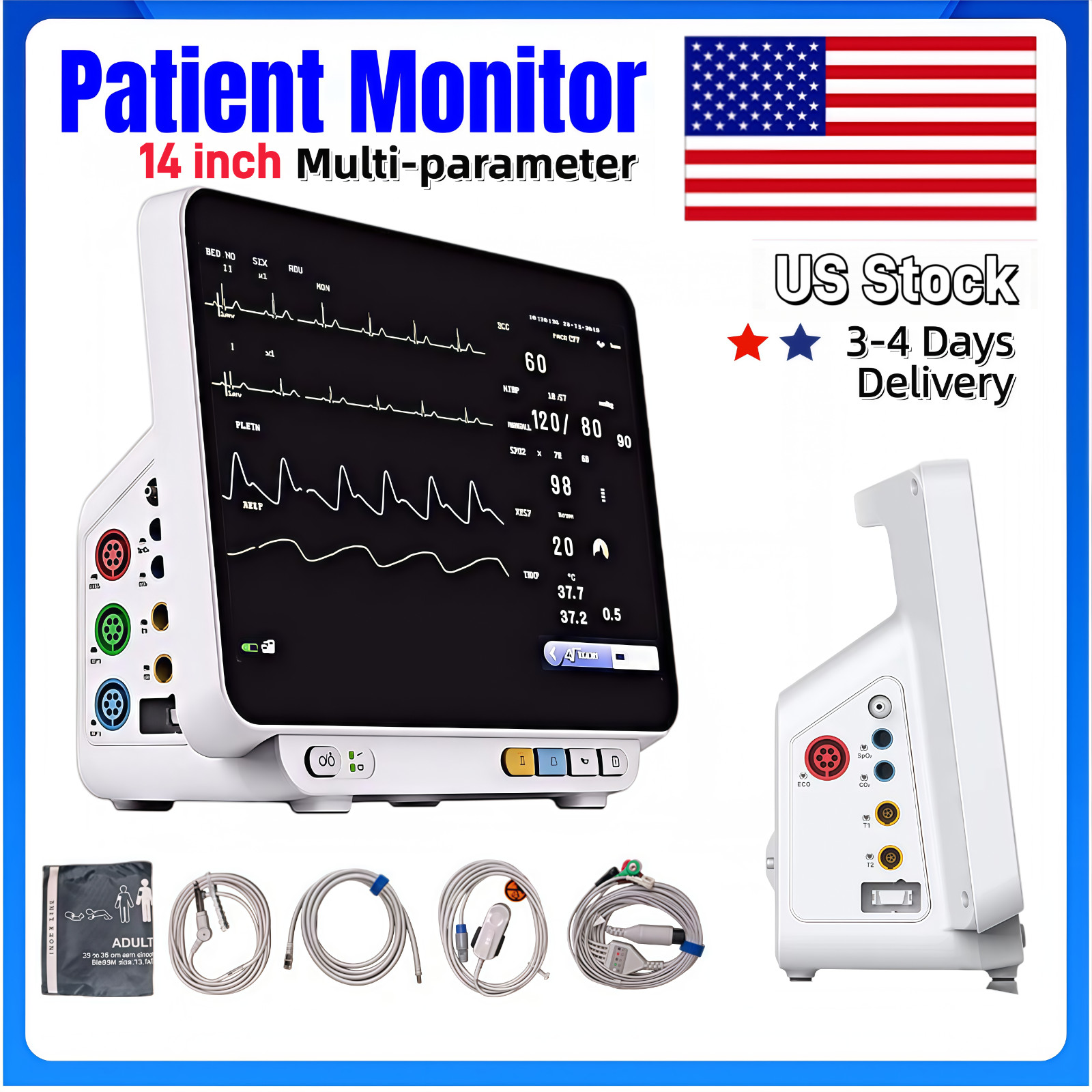 US Stock 14-inch Patient Monitor Vital Signs Monitor ECG NIBP SpO2 PR RESP TEMP