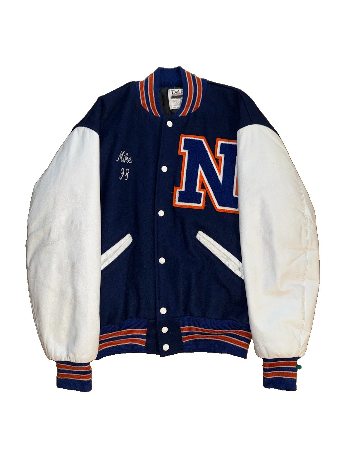 Vintage DeLONG Men\'s Blue/White Varsity Jacket Snap Front Newton South Size M