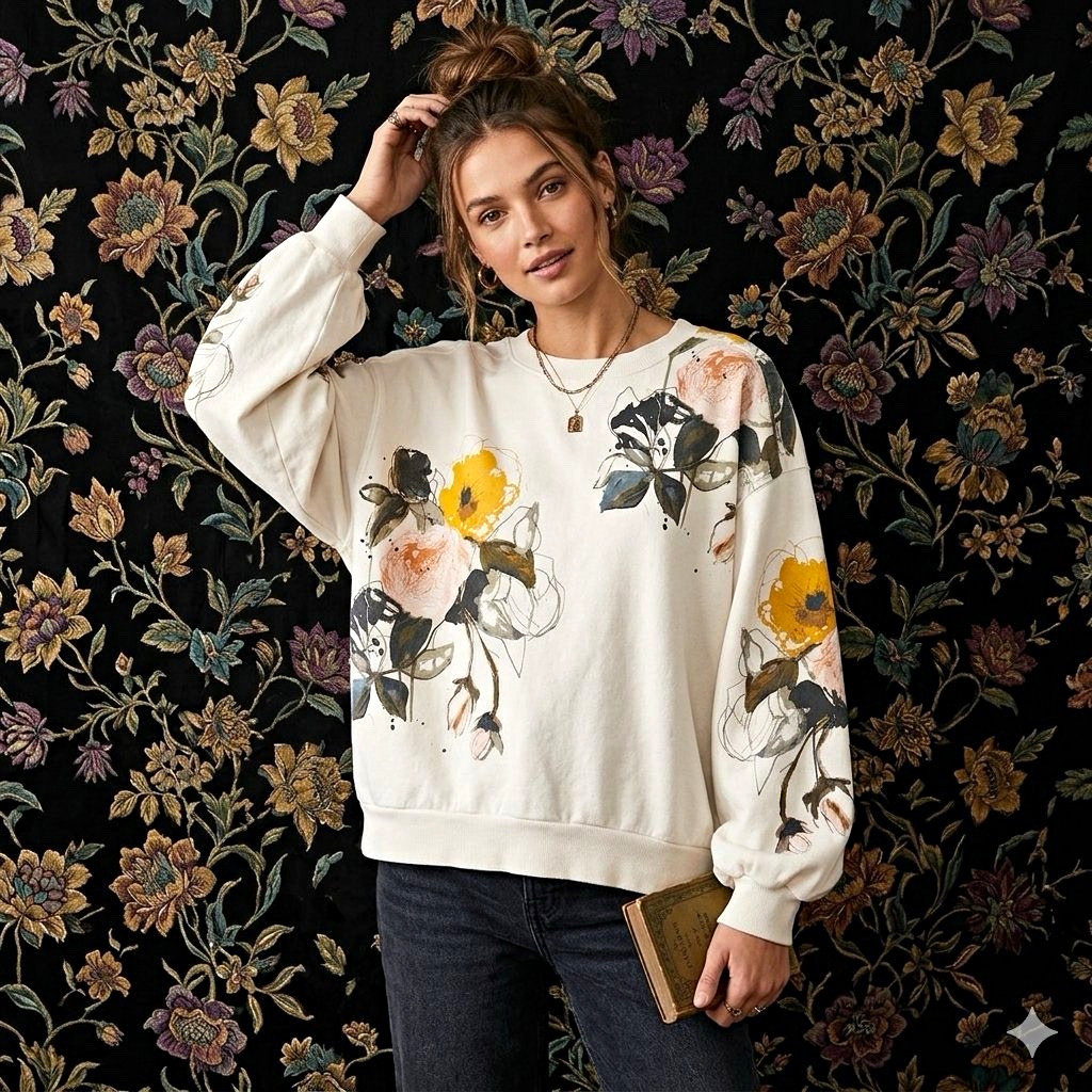 Pilcro Ivory Floral Graphic Print Leigh Viner Balloon Sleeve Niki Sweatshirt 2X