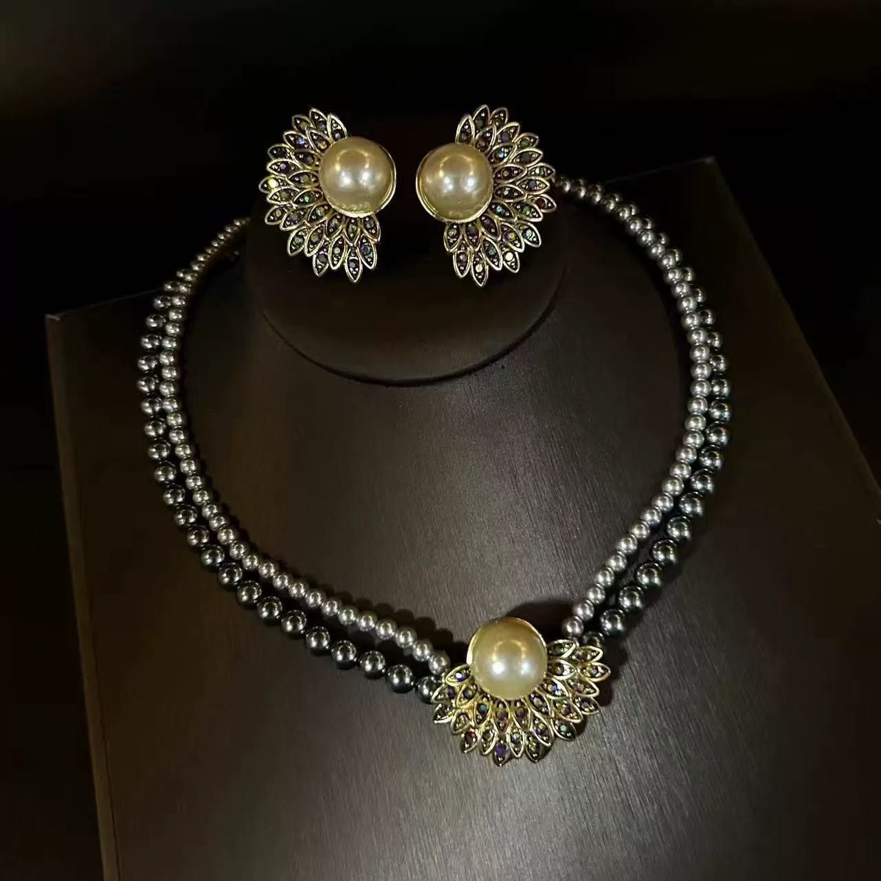 Vintage Pearl Sunburst Necklace & Earrings Set Gold Statement Jewelry