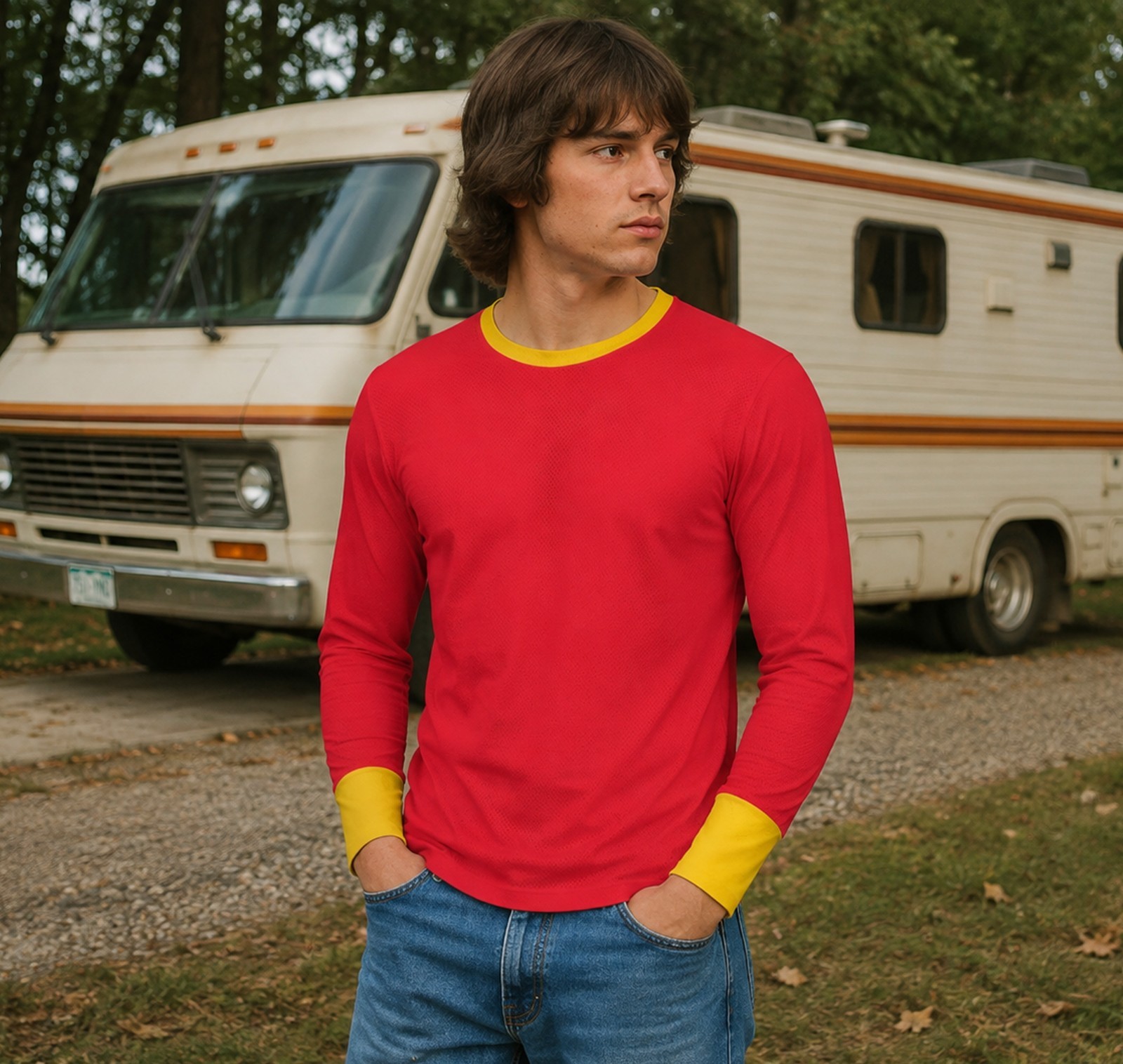 Red Long Sleeve T-Shirt With Yellow Cuffs and Collar Accents Shirt Costume Red Long Sleeve T-Shirt With Yellow Cuffs and Collar Accents Shirt Costume