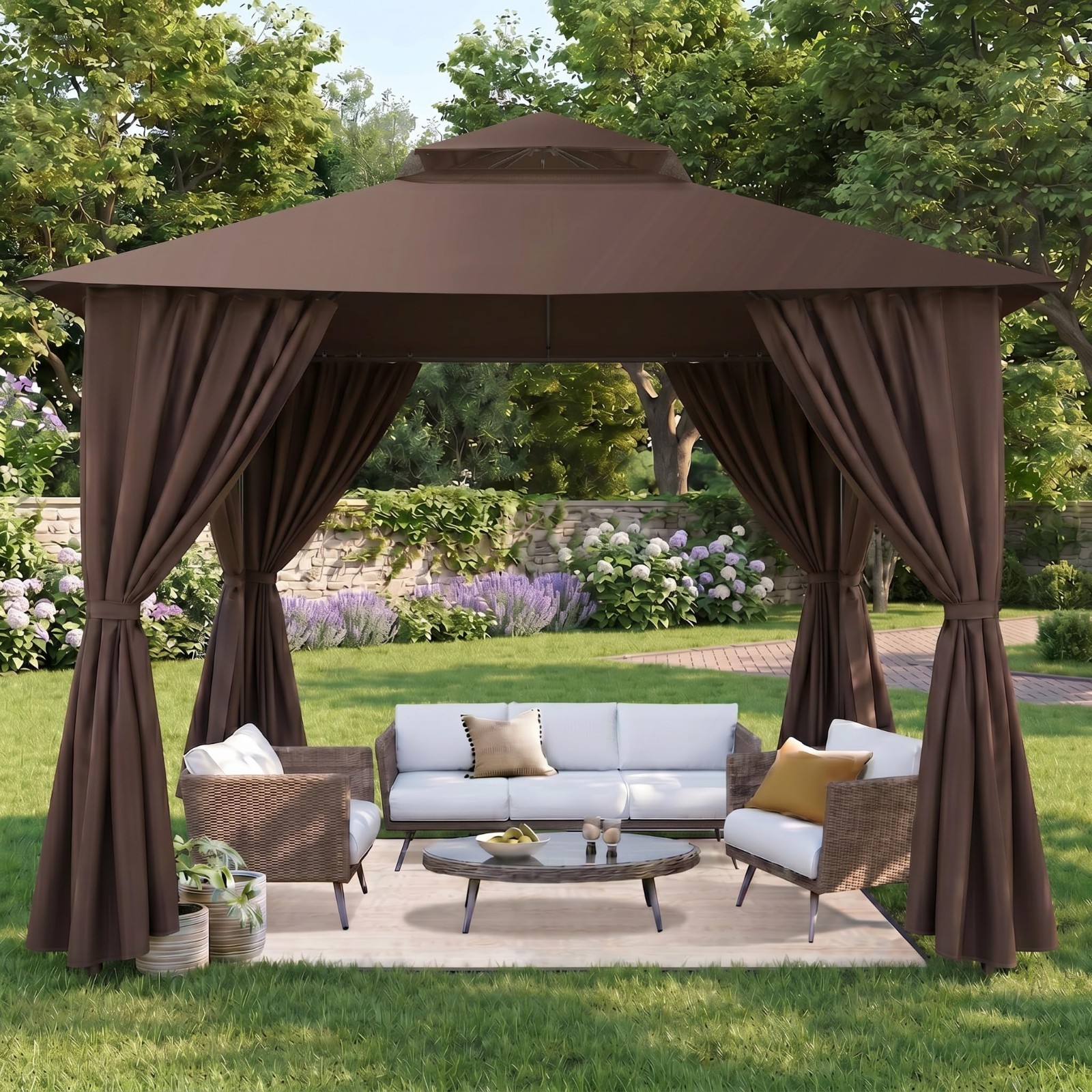 10x10FT Outdoor Soft Top Patio Gazebo with Ventilated Double-Tier Roof stable