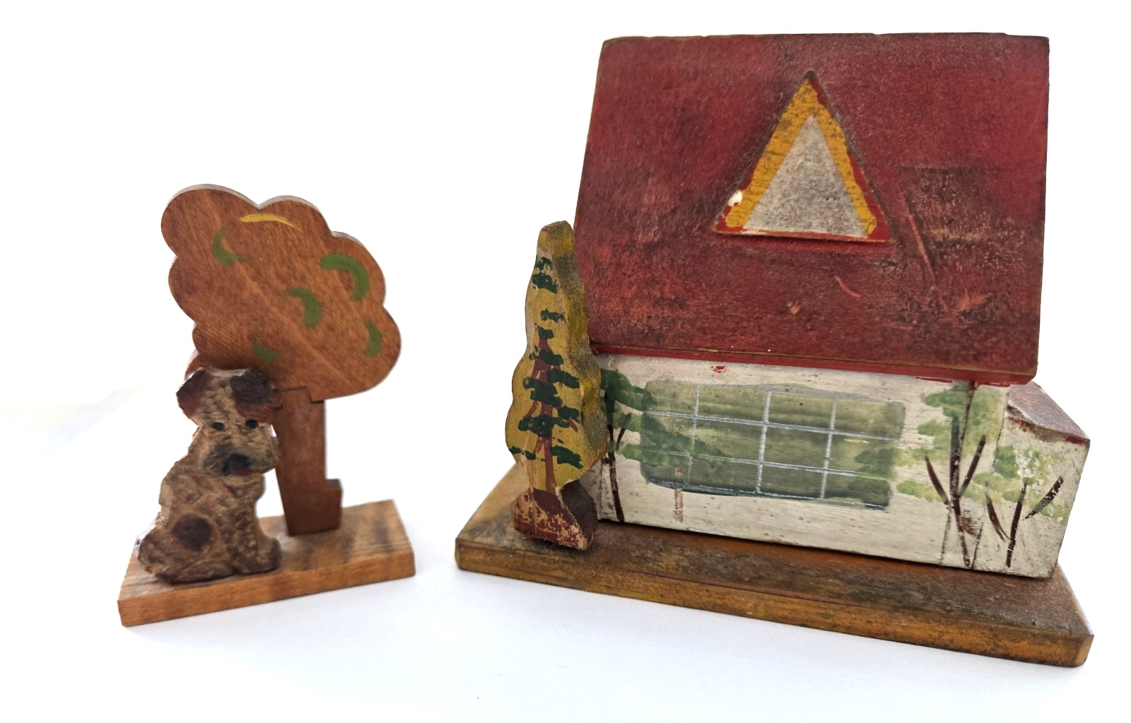 Antique German Wood Folk Art Mechanical House Coin Bank, Terrier Dog Card Holder