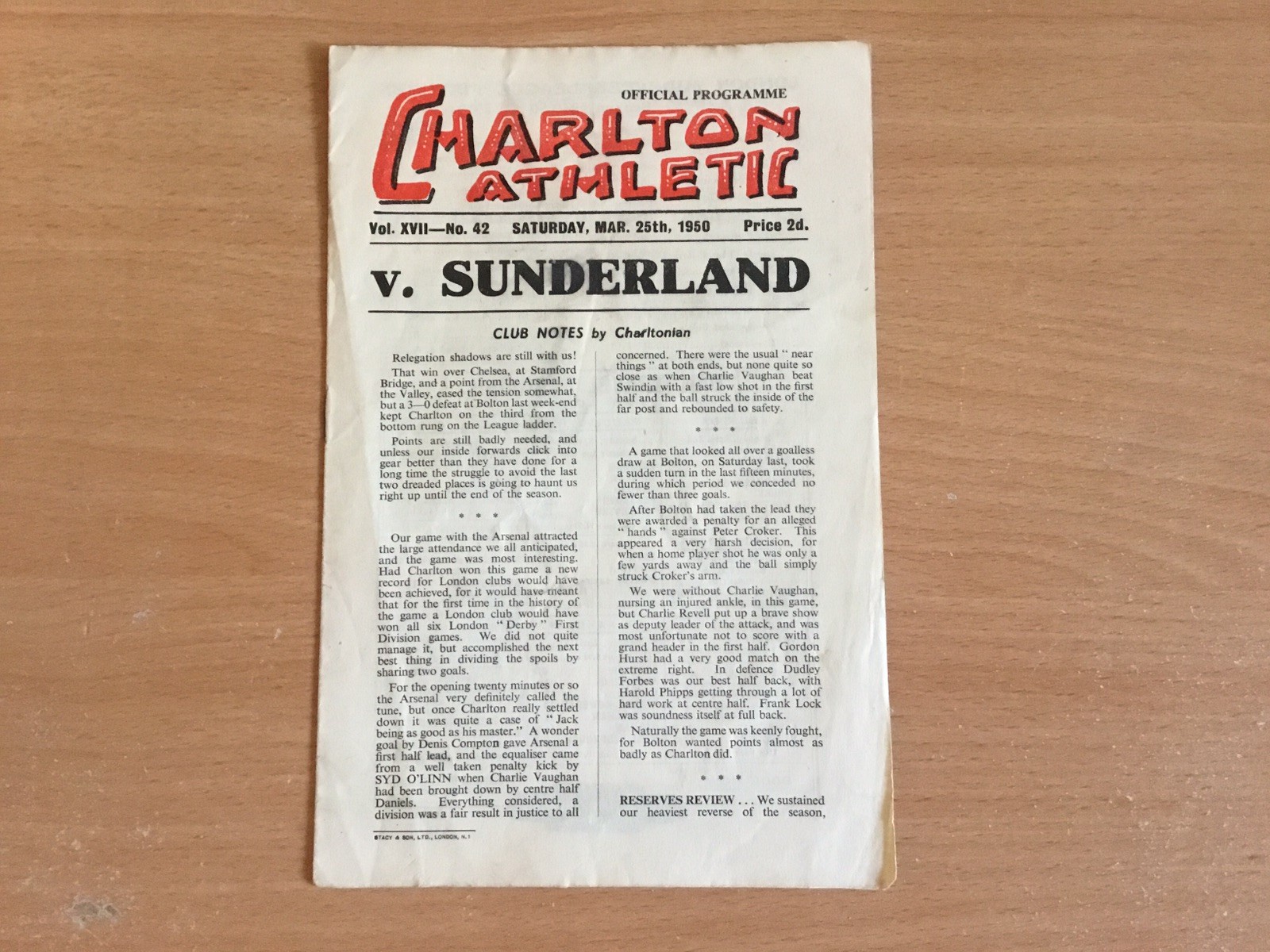 1949/50 Div 1. Charlton Athletic v Sunderland.  good