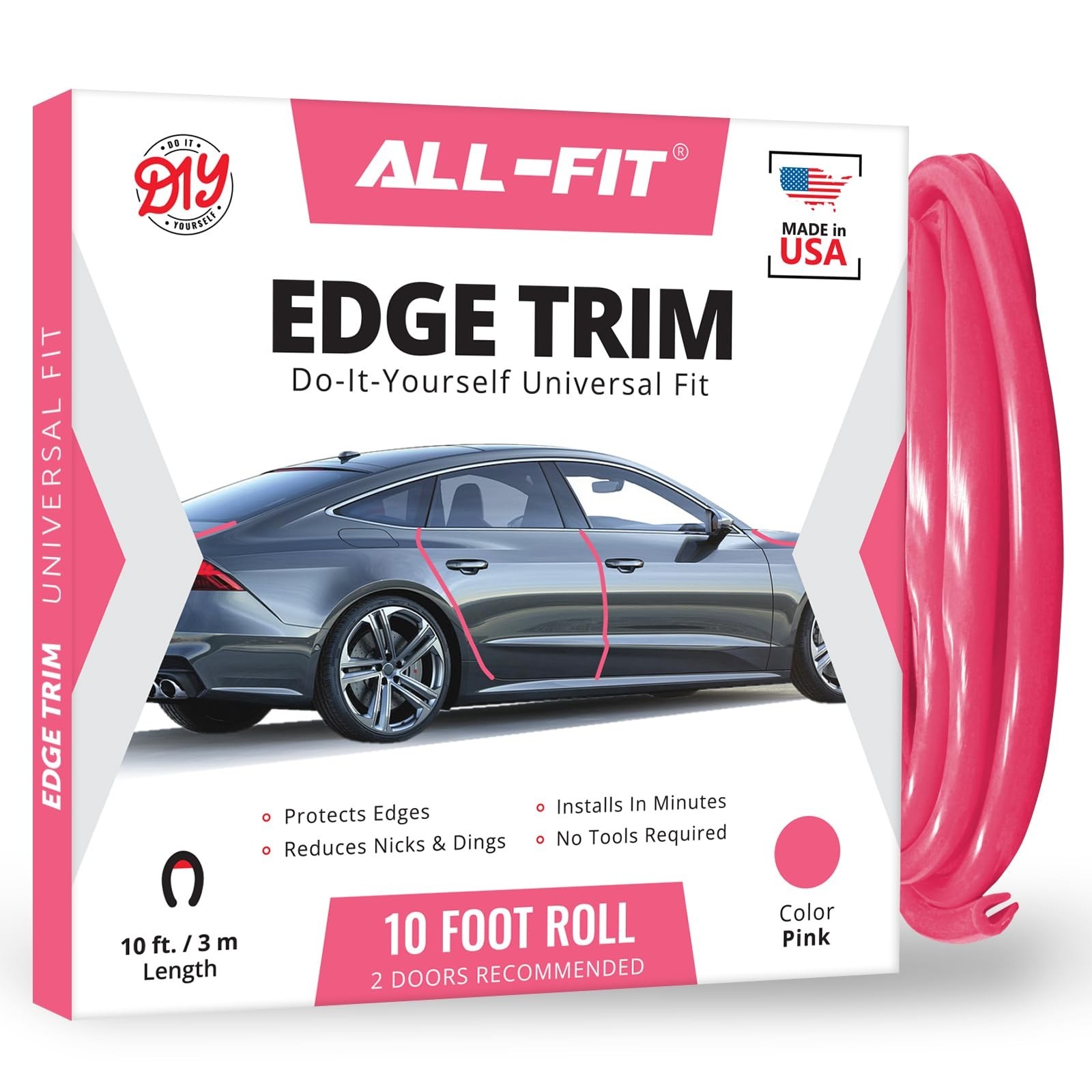 10 Ft Car Door Edge Protector - USA Made, Pink, Durable, Scratch-Resistant Trim