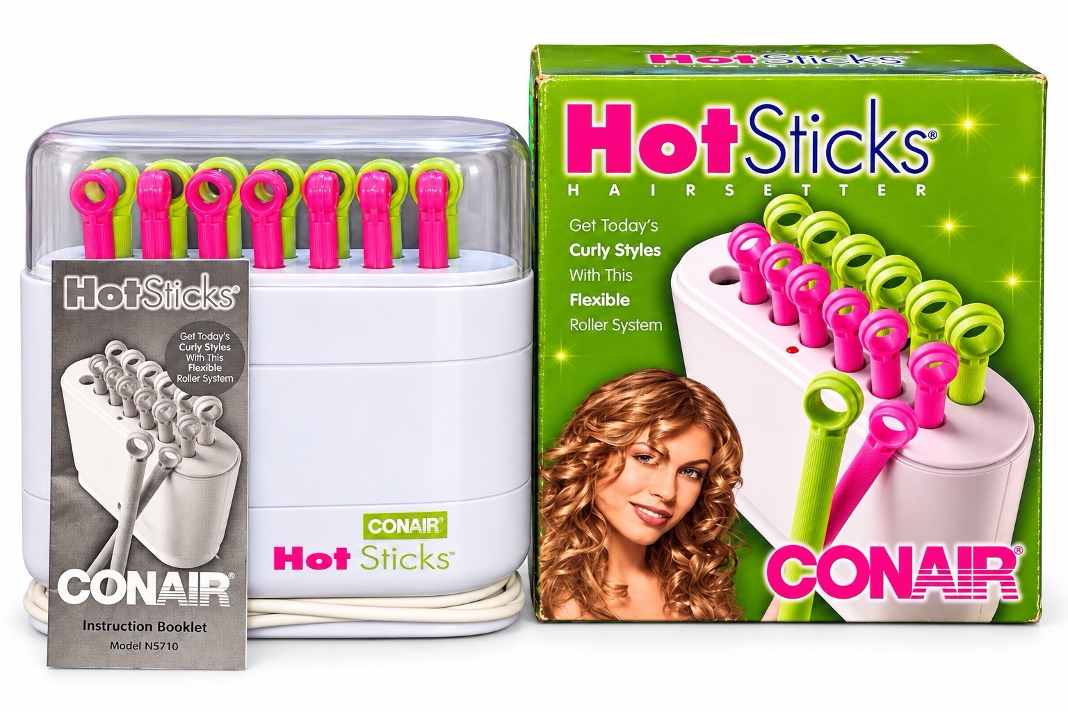 Vintage Conair Hot Sticks Hair Setter N5710 14 Rollers Box Manual Pink Green