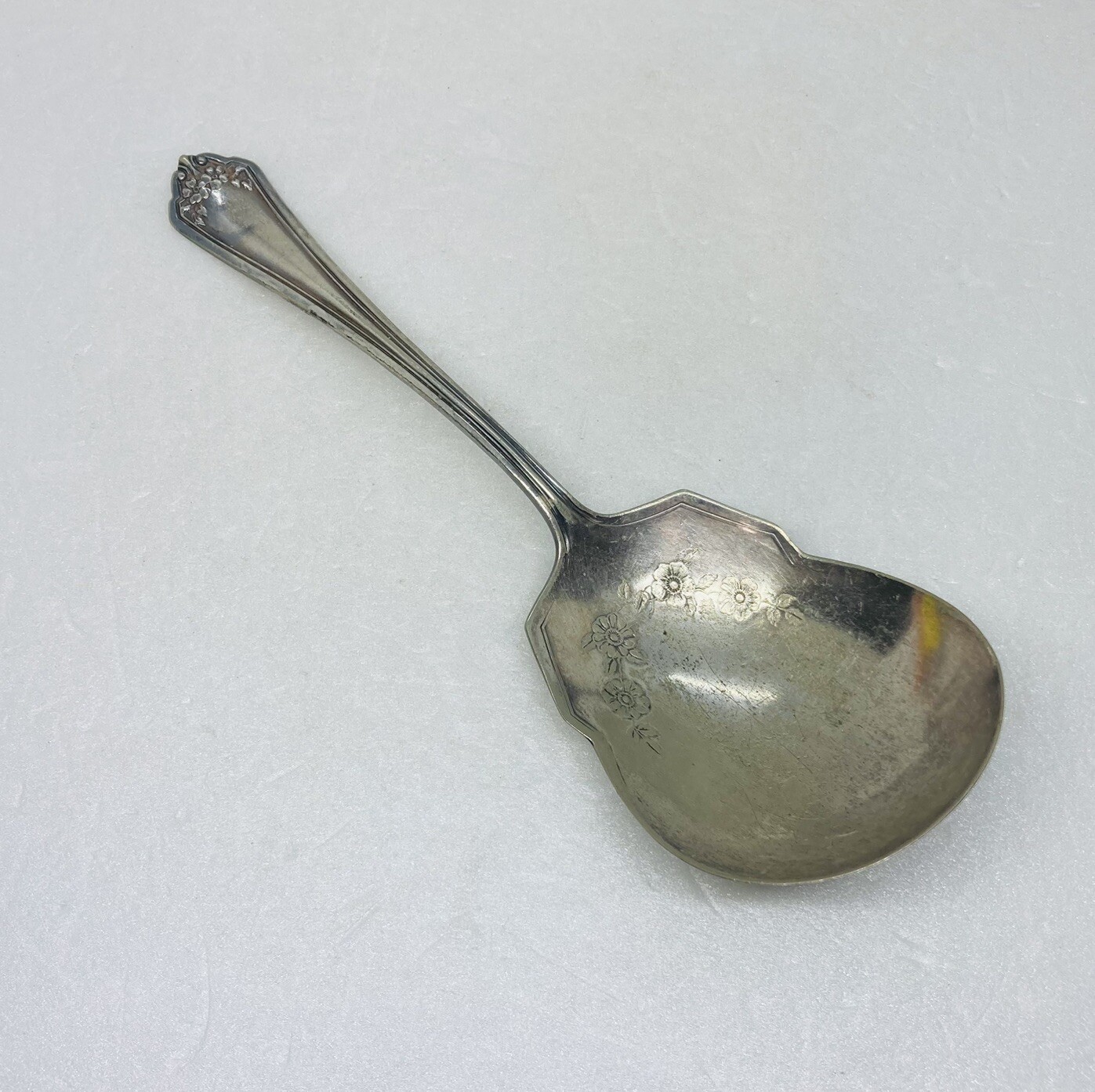 Antique 1940s Rogers & Son Silverplated Large Serving Spoon 9” Floral Handle 29