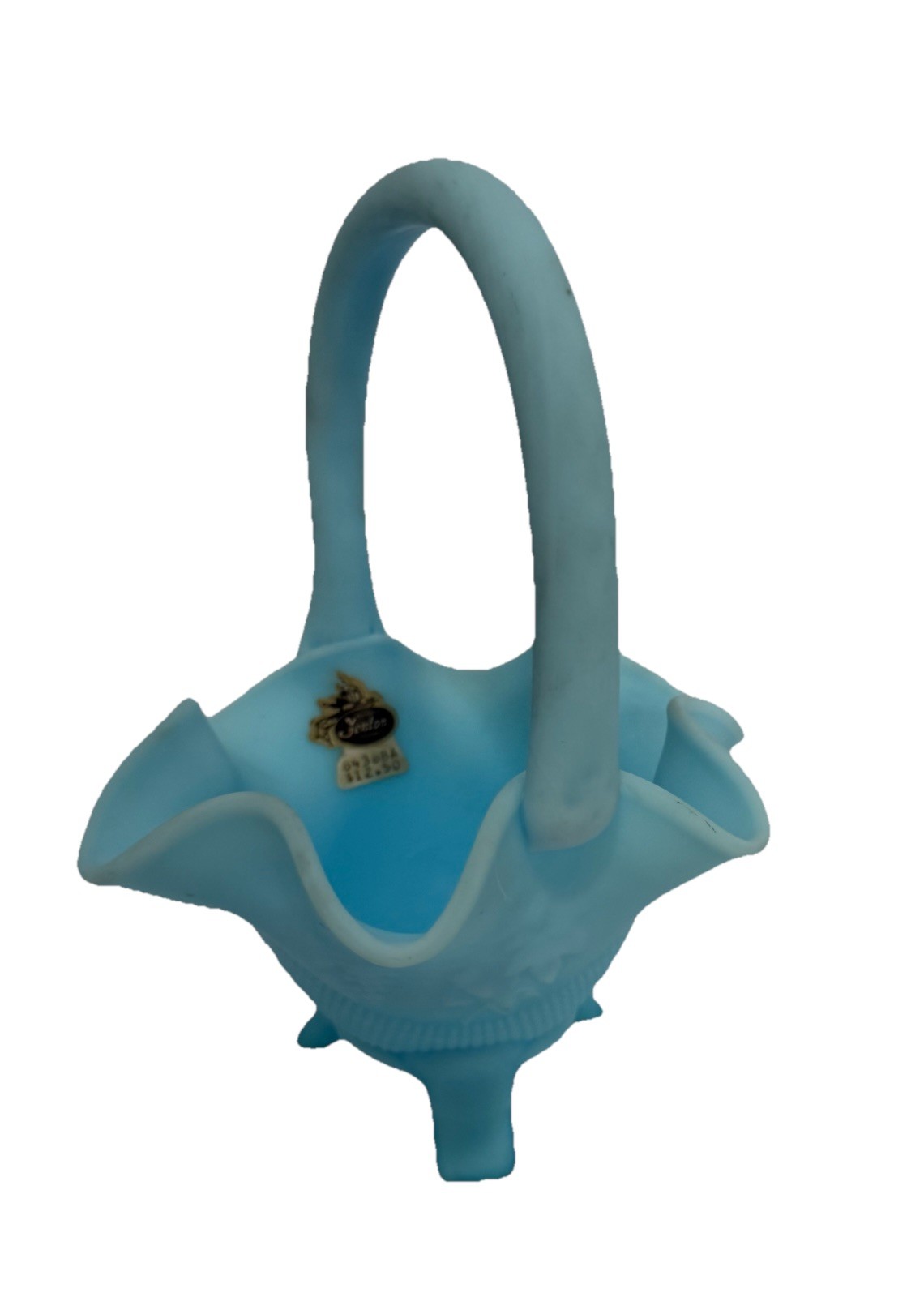 Vintage FentonArt Glass Blue Satin 3 Footed Basket With Logo Sticker
