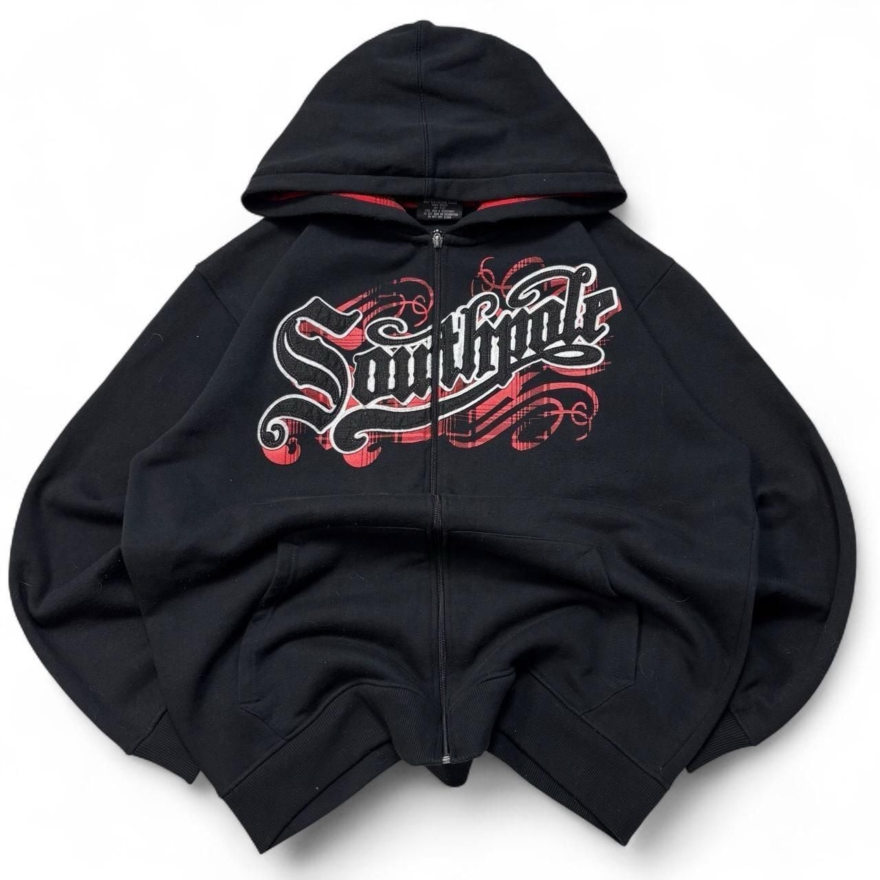 Southpole Zip Up Hoodie XXL Black Red Plaid Lined Grail Y2K Embroidery Southpole Zip Up Hoodie XXL Black Red Plaid Lined Grail Y2K Embroidery