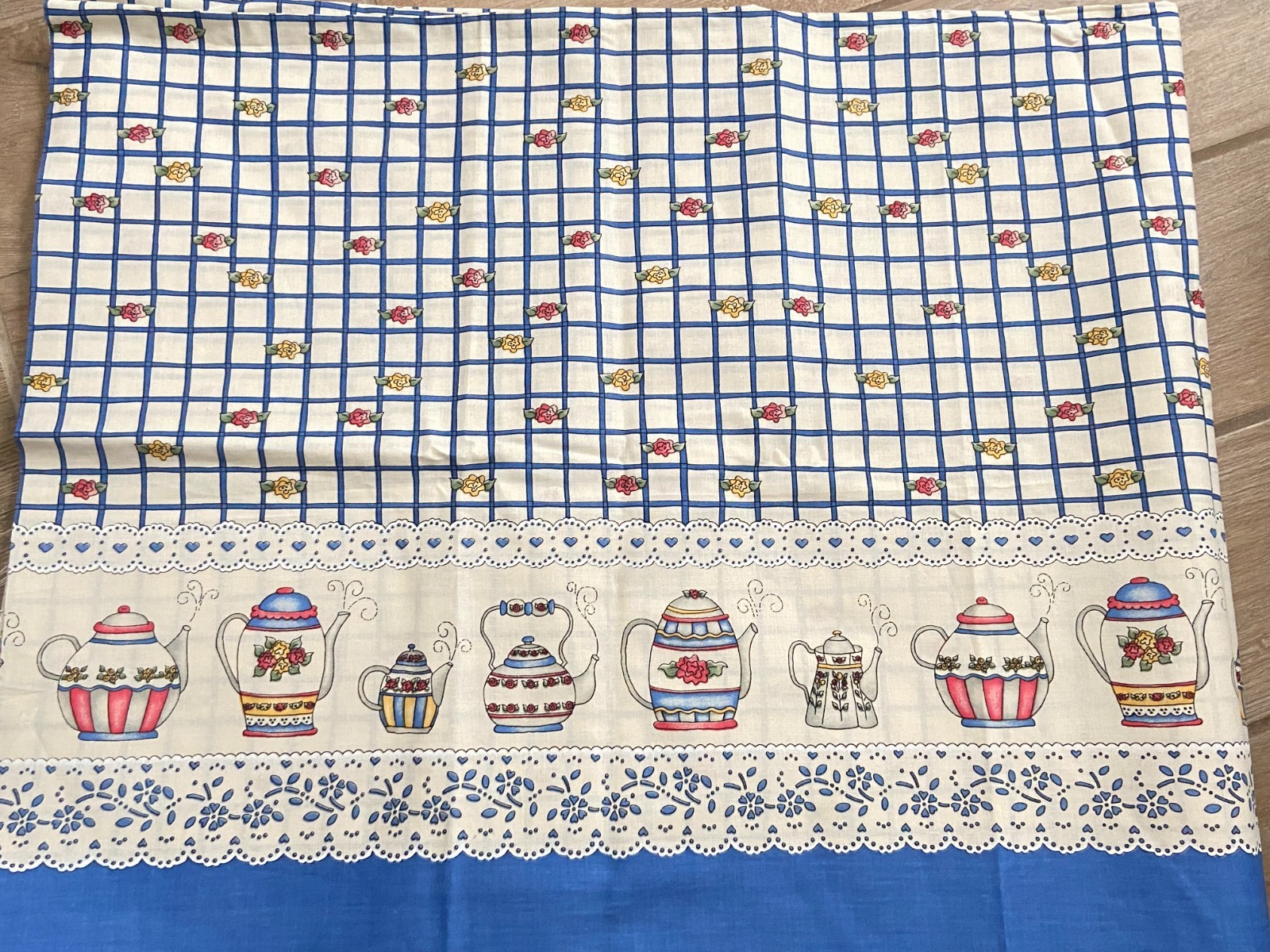 TEAPOT Blue Flowers Border COTTON Fabric Dianna Marcum Marcus Brothers  2.75 yds