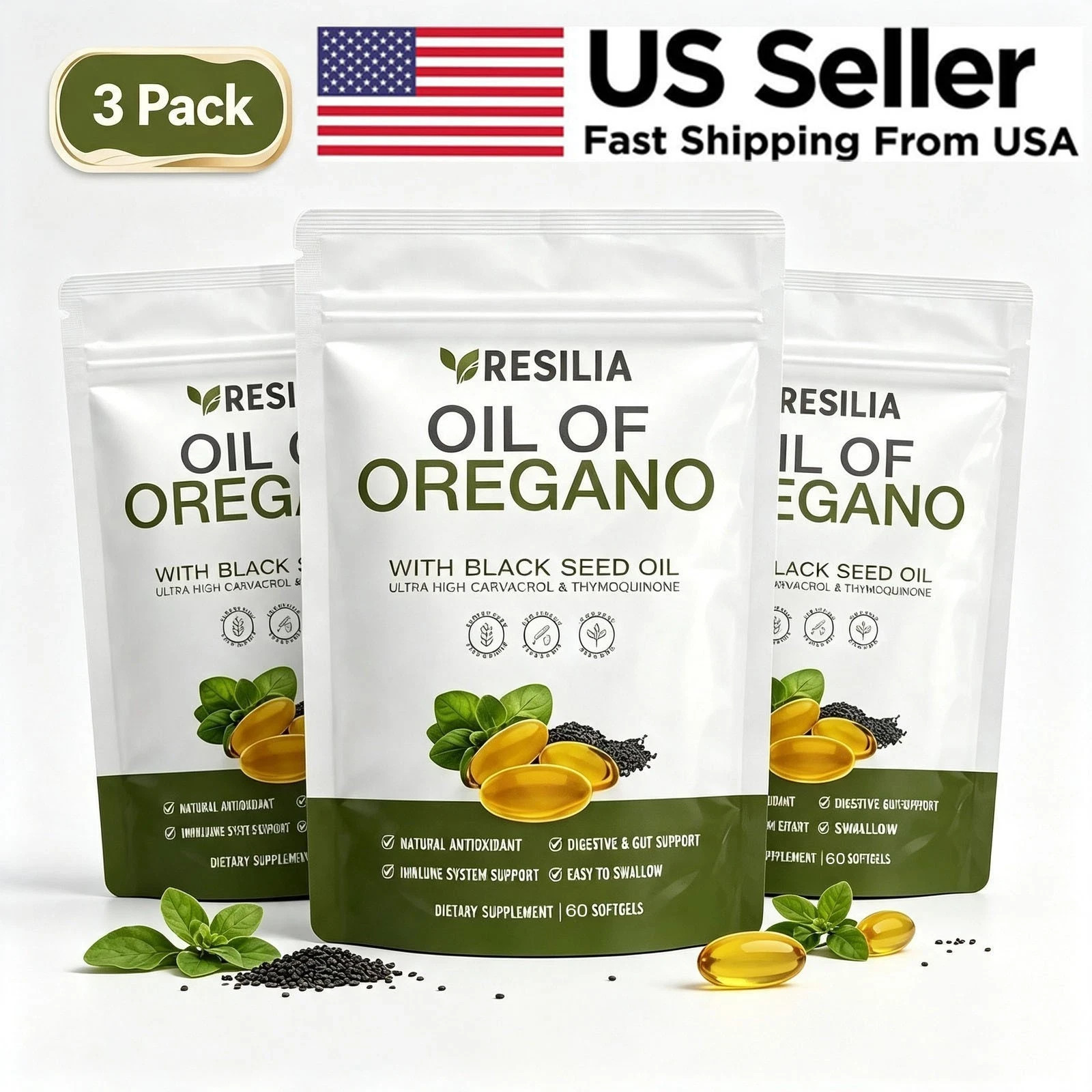 3 PACK Resilia Oil of Oregano 6000mg with Black Seed Oil Softgels – 180 Capsules 3 PACK Resilia Oil of Oregano 6000mg with Black Seed Oil Softgels – 180 Capsules