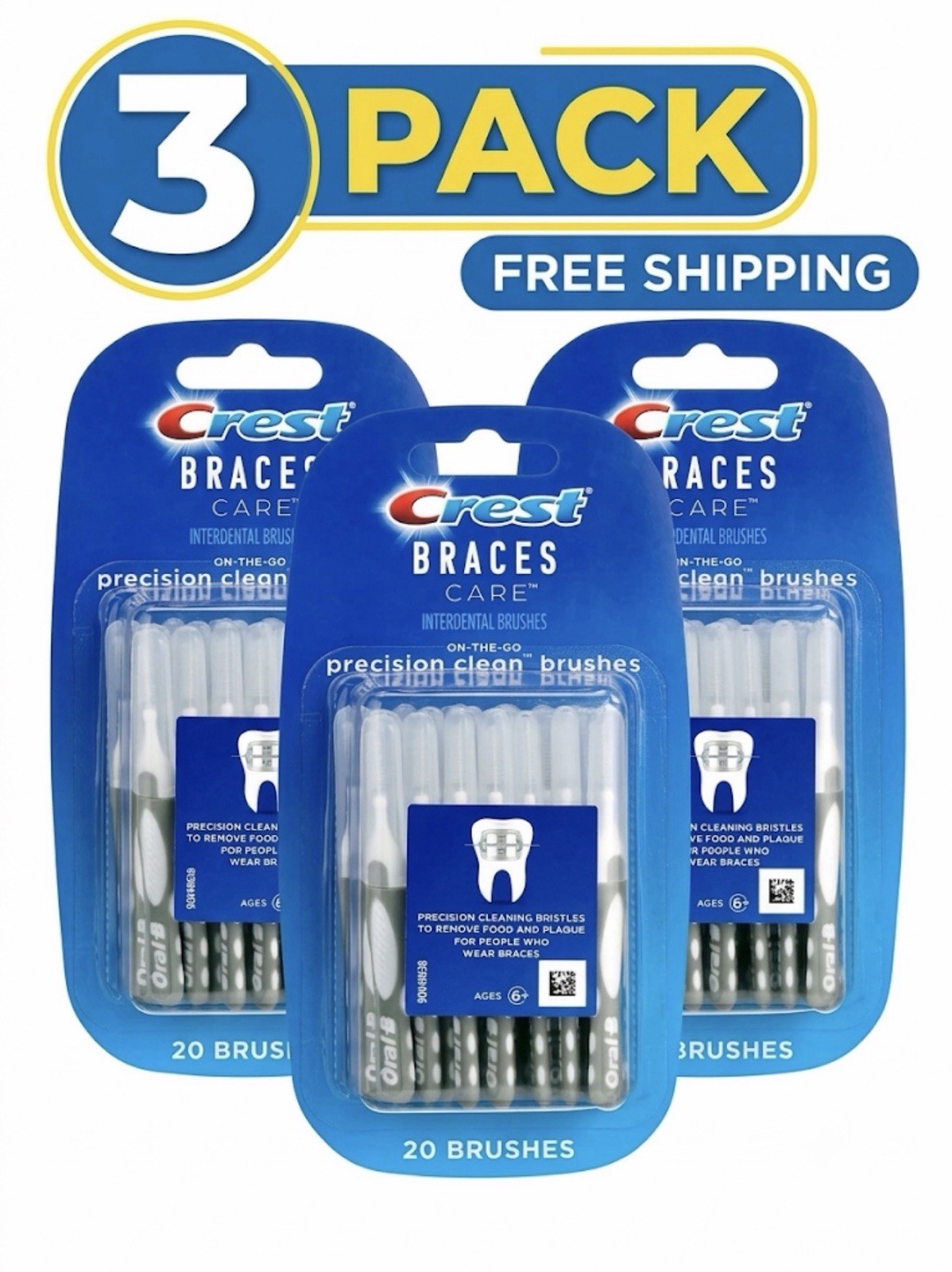 3 Pack Crest Braces Care On-The-Go Precision Clean Brushes 20 Count Each Ages 6+