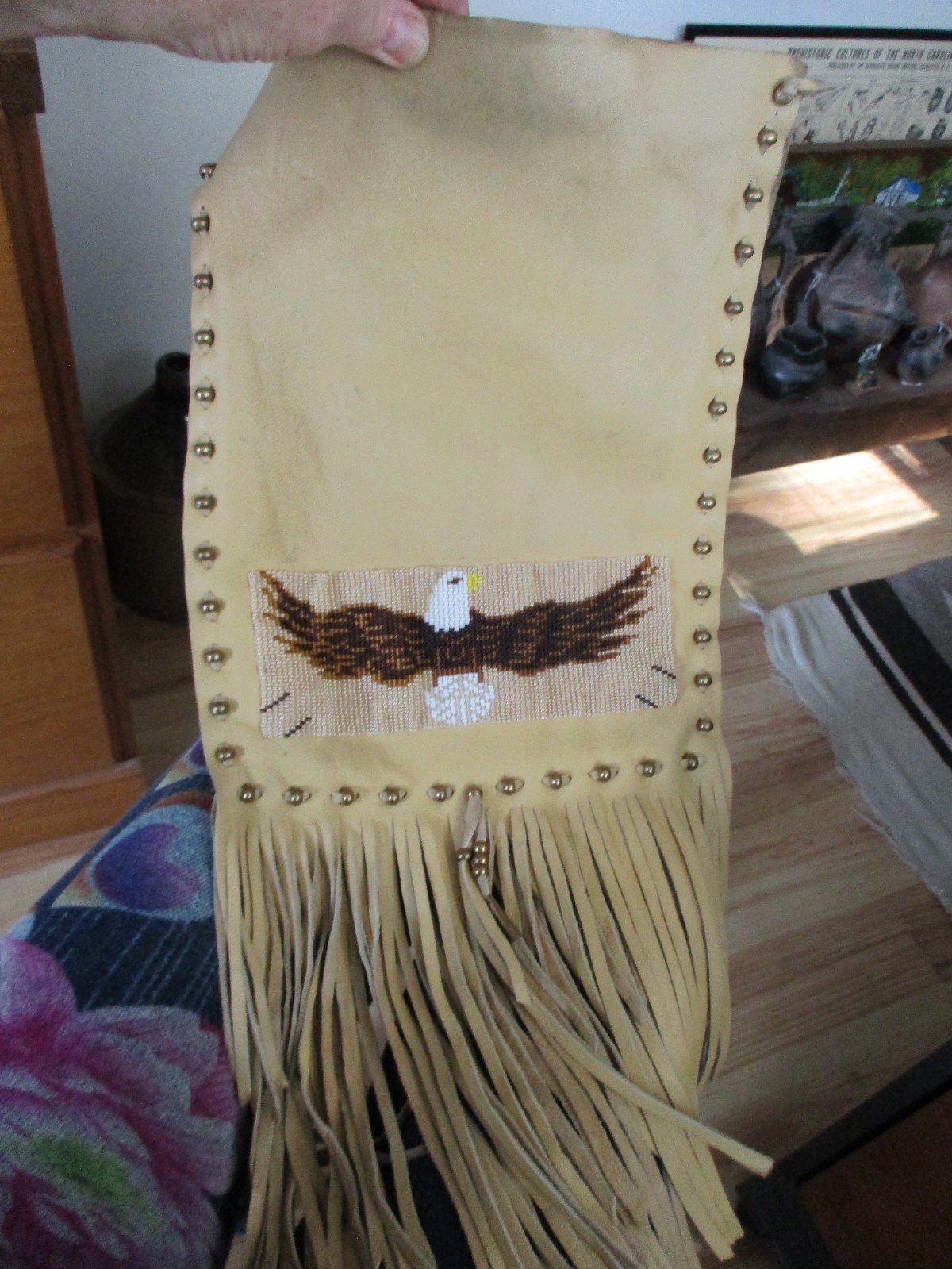 Beaded Eagle Bag, Native American Cherokee Indian Made, Deerskin Leather, Used