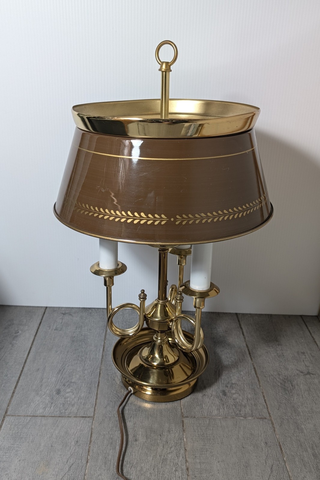 Vintage French Bouillotte Table Lamp Horn Candlestick Brown Tole Shade Brass J98