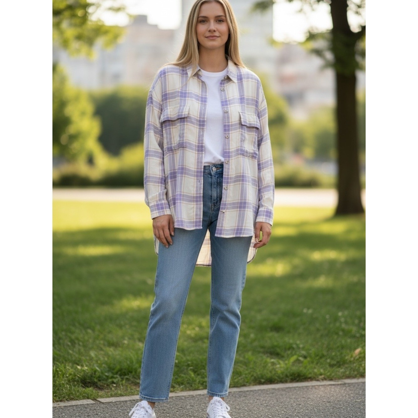 American Eagle Outfitters Lavender and Cream Plaid Button-Up Shirt