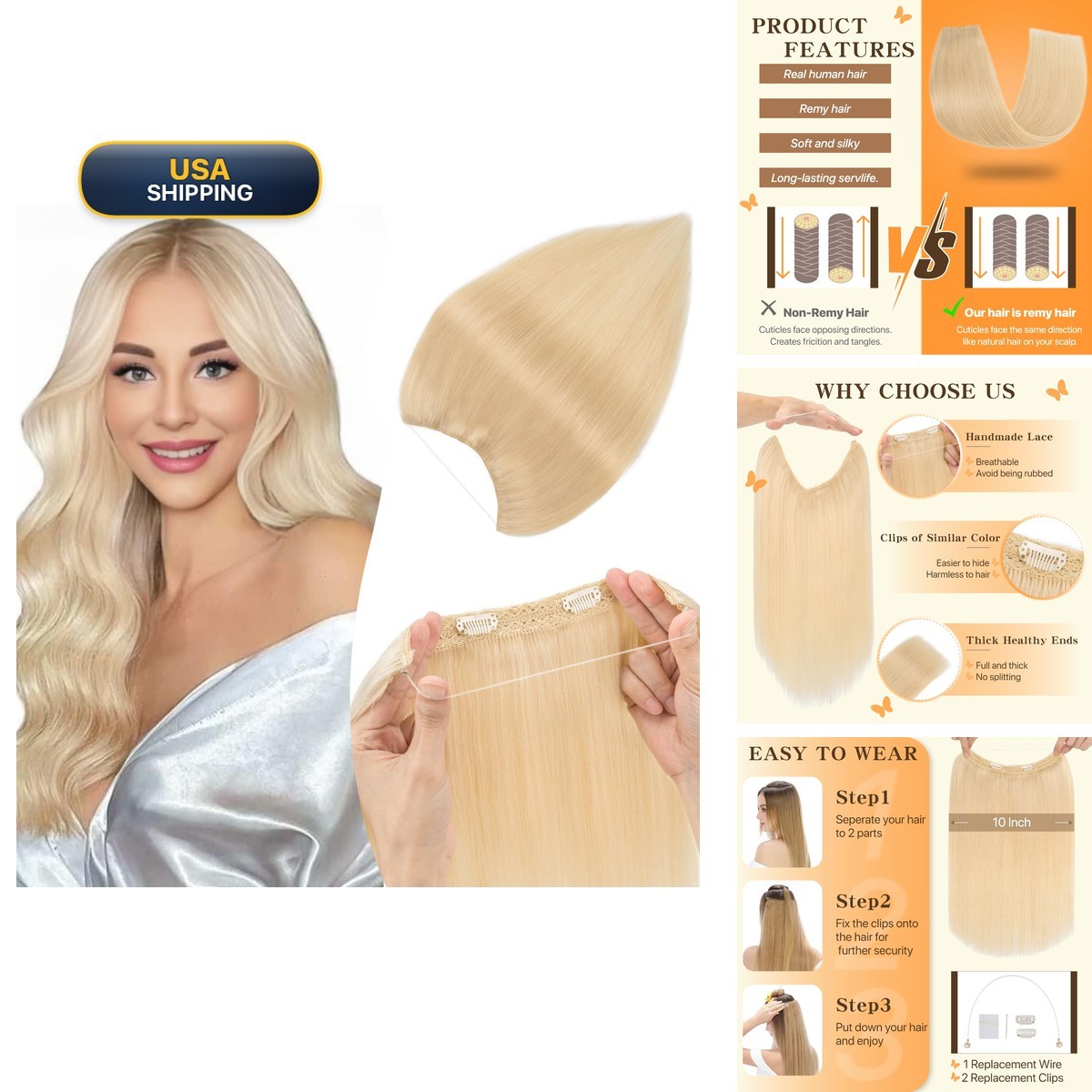 TESSHAIR Invisible Wire Hair Extensions Real Human Hair Adjustable Fish Line TESSHAIR Invisible Wire Hair Extensions Real Human Hair Adjustable Fish Line
