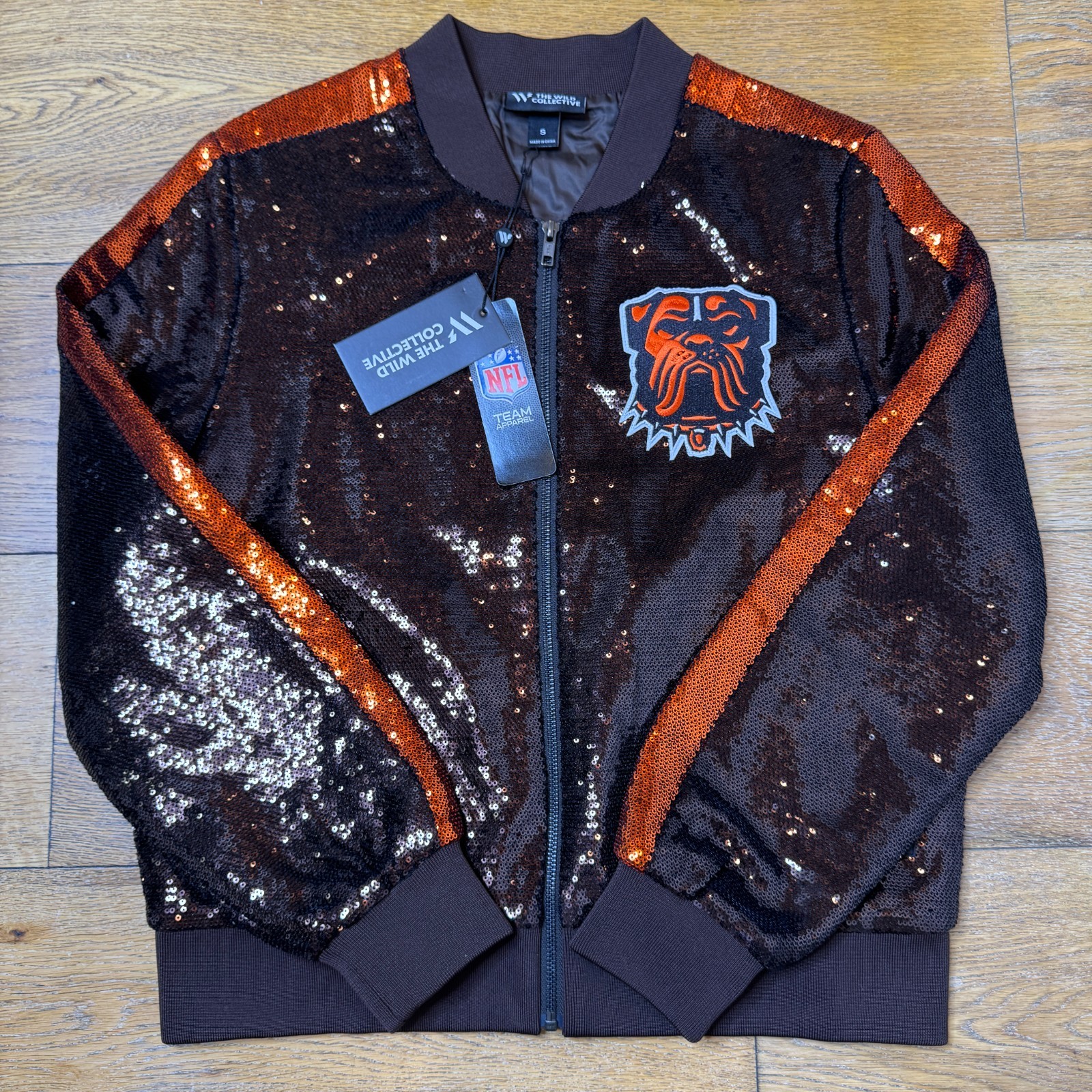 NWT Wild Collective NFL Cleveland Browns Women\'s Sequin Jacket Size S MSRP $160 NWT Wild Collective NFL Cleveland Browns Women\'s Sequin Jacket Size S MSRP $160
