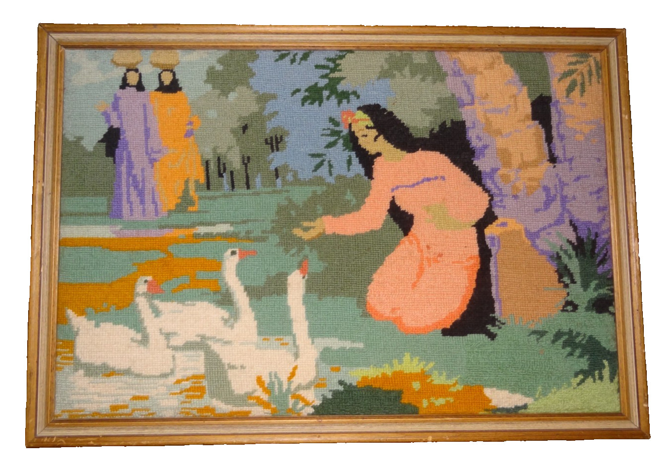 Large Vtg Handmade Gobelin Needlepoint Tapestry Framed Woman Lying Red Dress