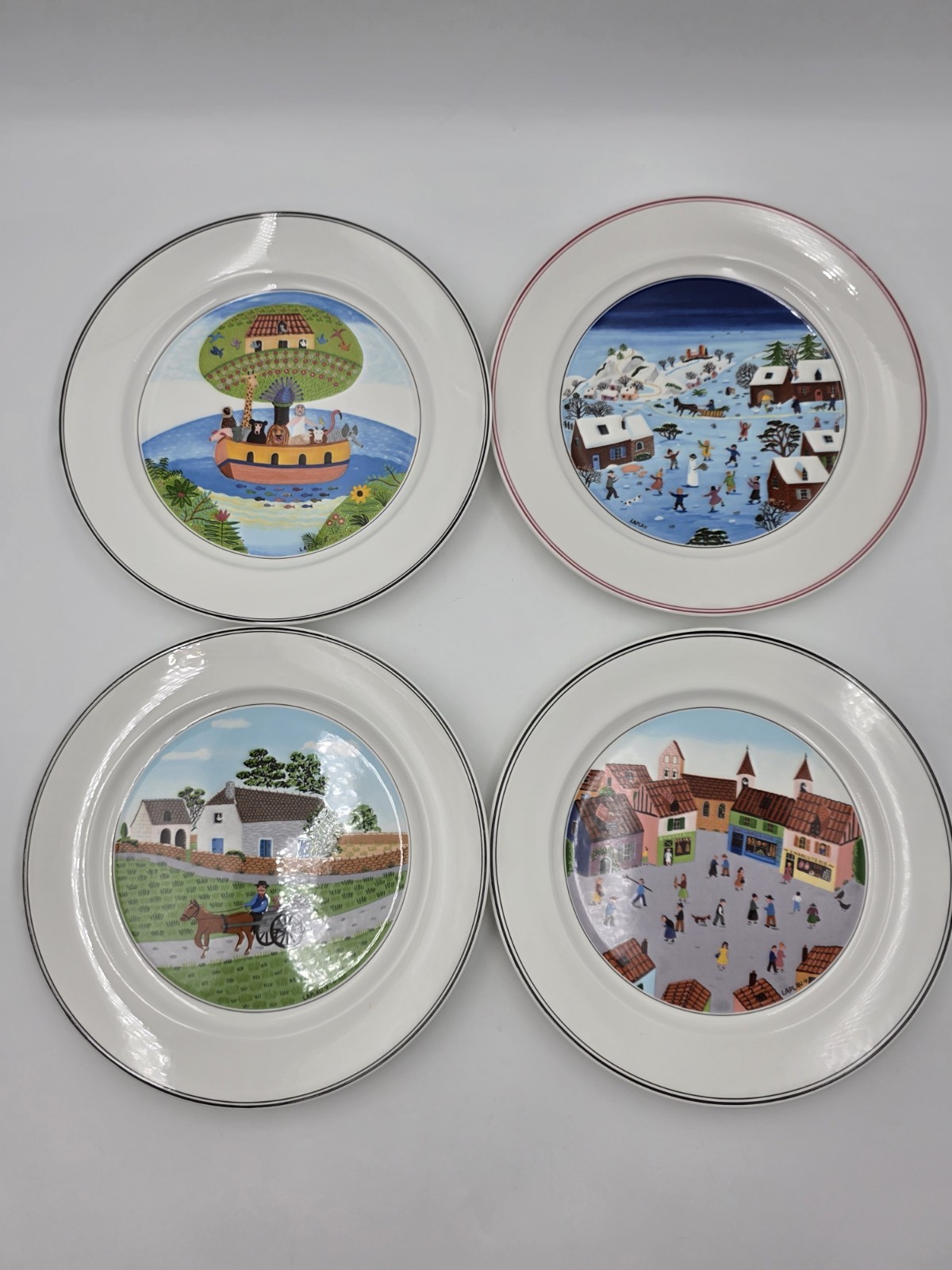 Villeroy & Boch  Naif Laplau 4 Dinner Plates Christmas Village Noah Ark. 10.5 In