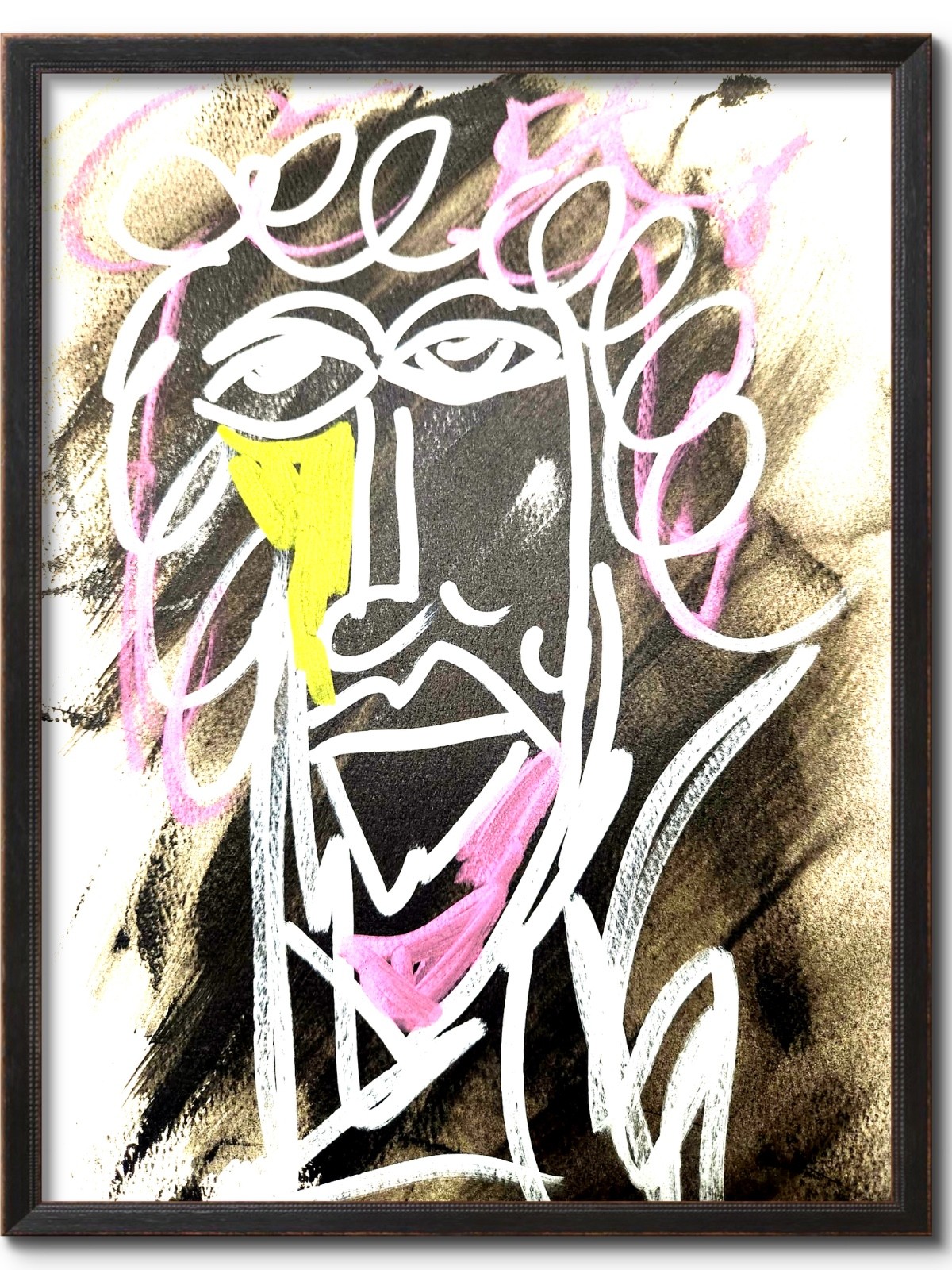 Original 14x11 Expressionist Abstract Face Dark Background Painting Signed Paper