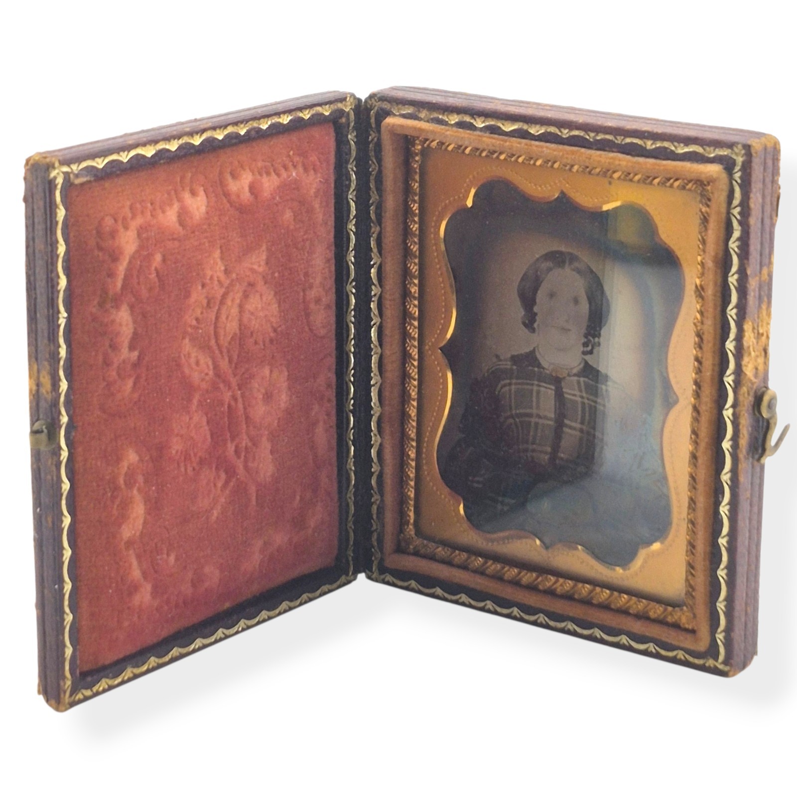 Civil War Era Ambrotype Photo Seated Woman Plaid Dress Miniature Case Antique