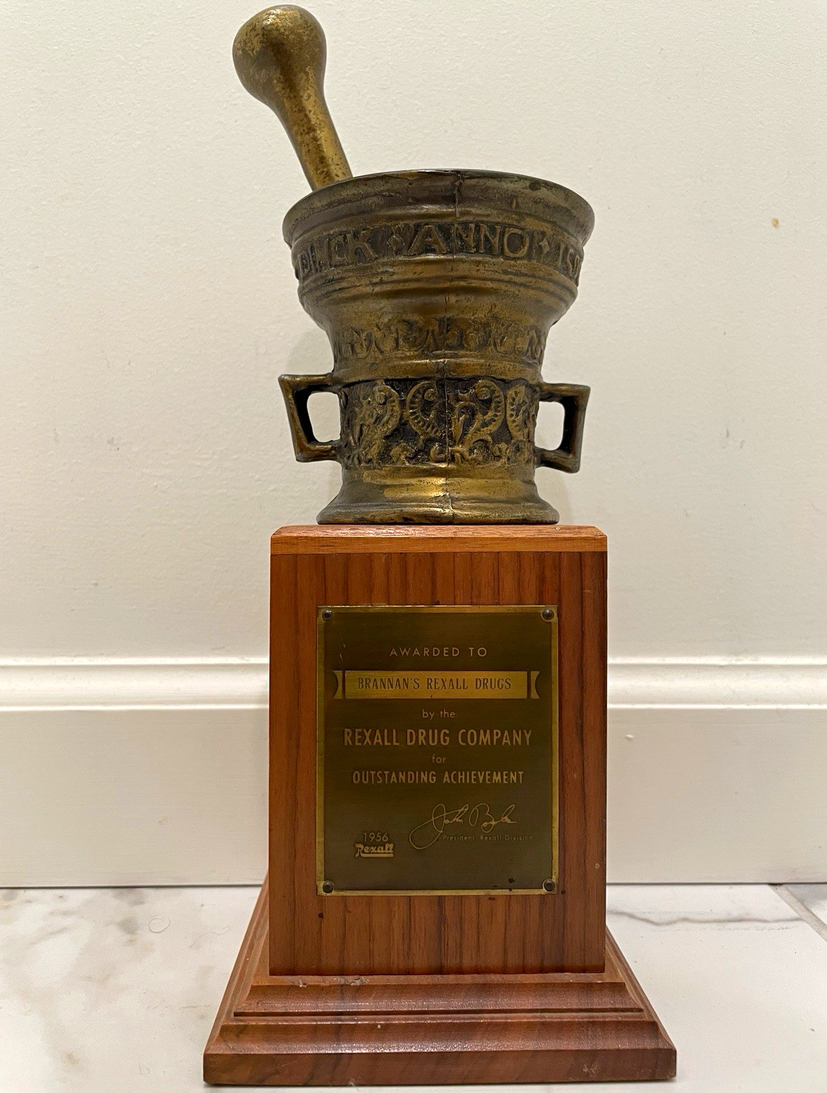 Vintage 1956 Rexall Drug Co Trophy Mortar Pestle Pharmacy Award Dodge Inc