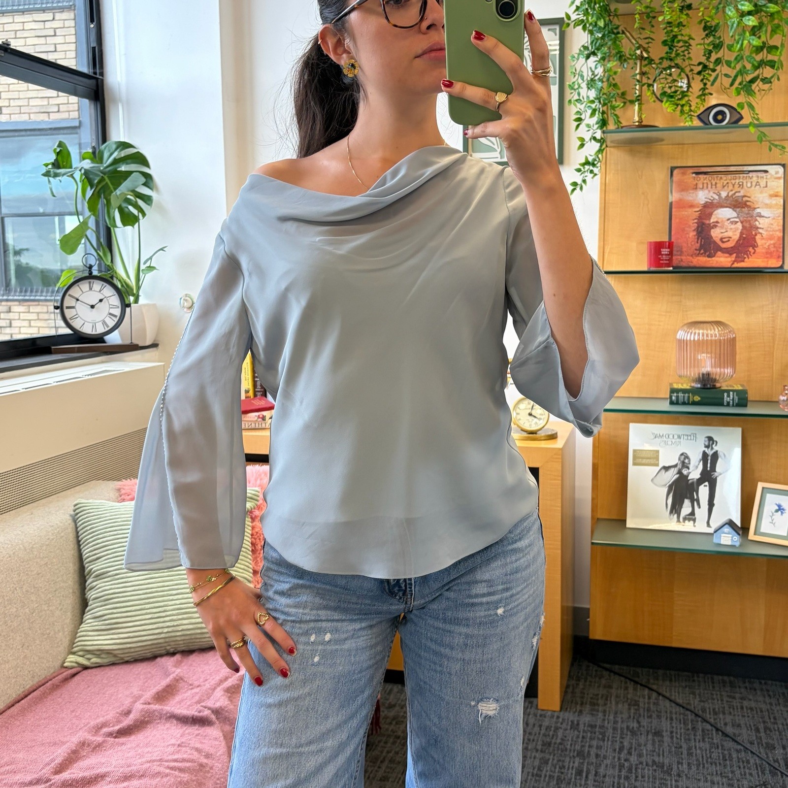 Adrianna Papell Light Blue Cowl Neck Blouse UK 8 Y2K Beaded Split Sleeve Adrianna Papell Light Blue Cowl Neck Blouse UK 8 Y2K Beaded Split Sleeve
