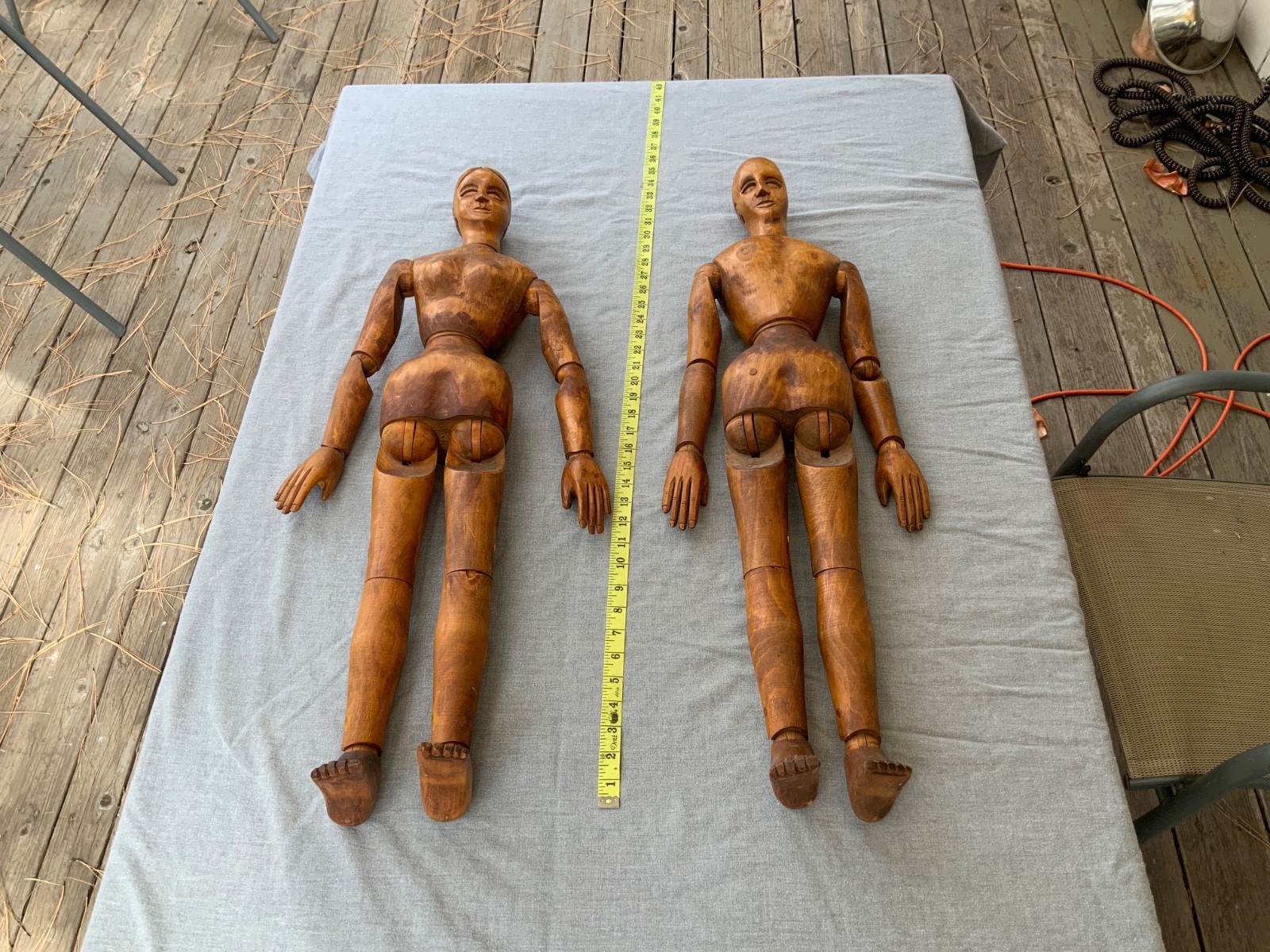 Rare 32” Antique Large Folk Art Hand Carved Articulating Mannequins Male/Female