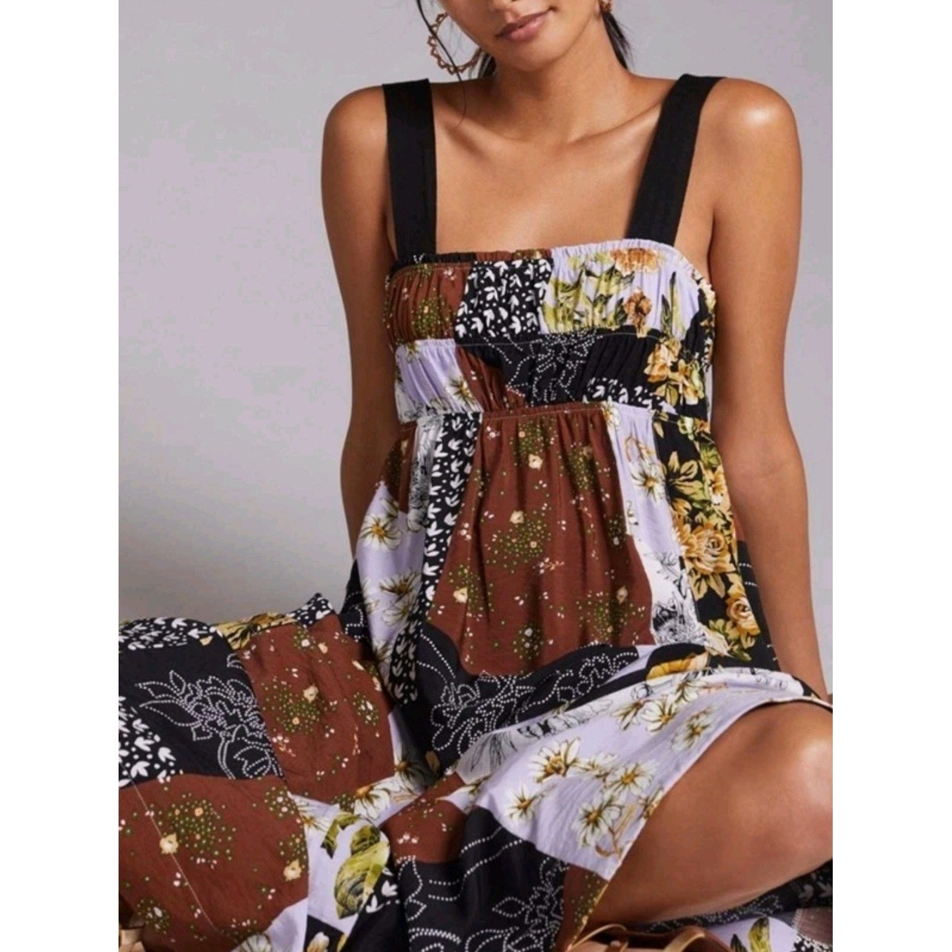 Anthropologie Maeve Floral Patchwork Midi Dress in Brown Black White Yellow S Anthropologie Maeve Floral Patchwork Midi Dress in Brown Black White Yellow S