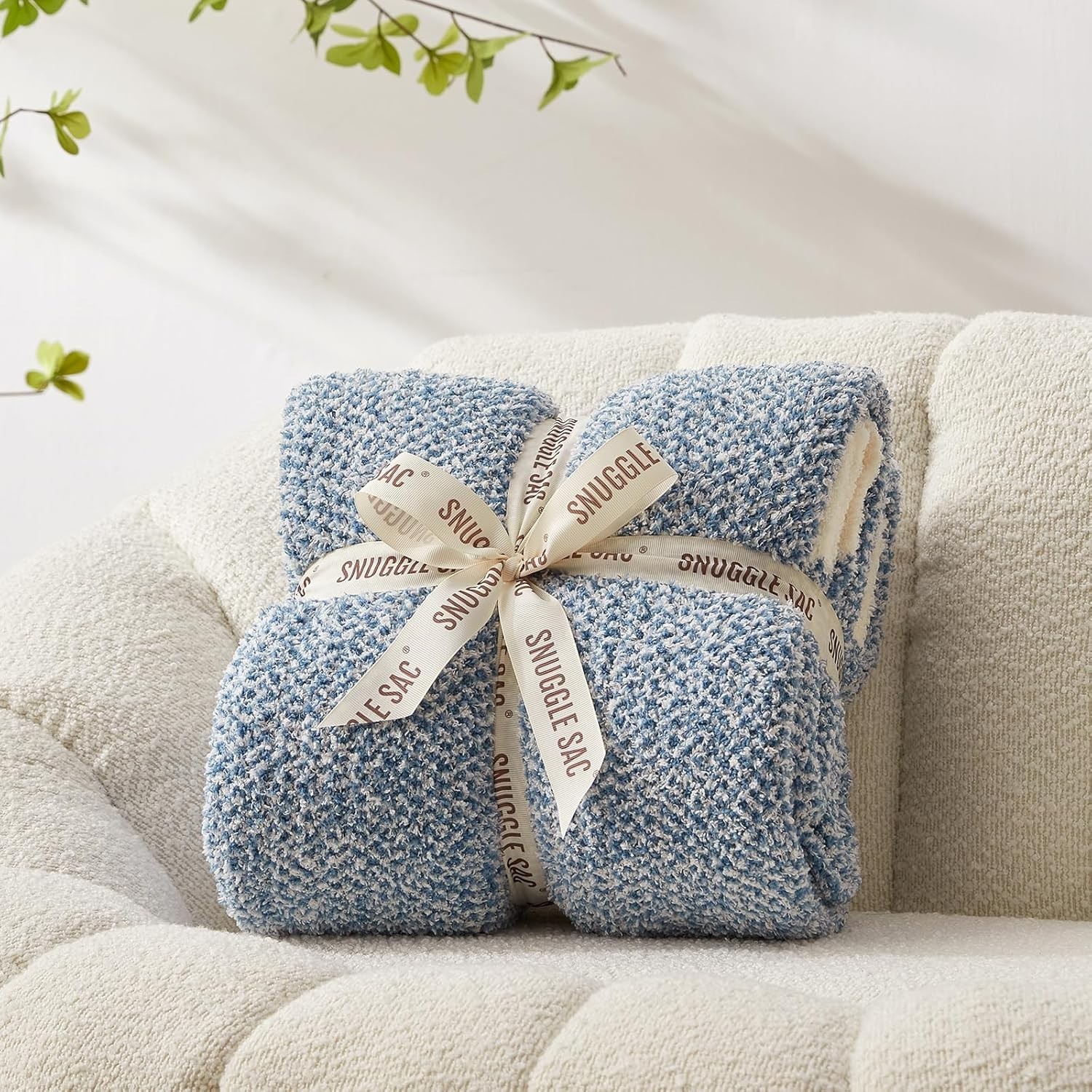 Snuggle Sac Plush Throw Blanket Blue & White – Soft Cozy Couch Bed Blanket
