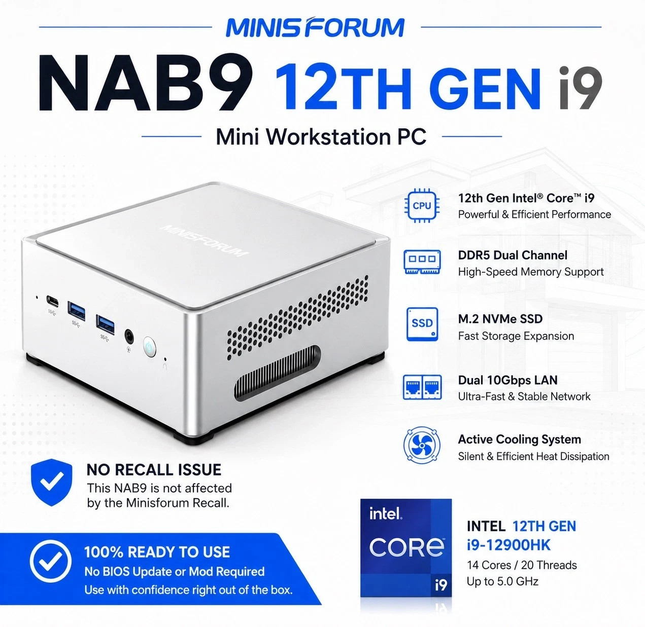 MINISFORUM Venus NAB9 Mini PC, 0GB RAM 0 SSD, Intel Core i9-12900HK Open Box