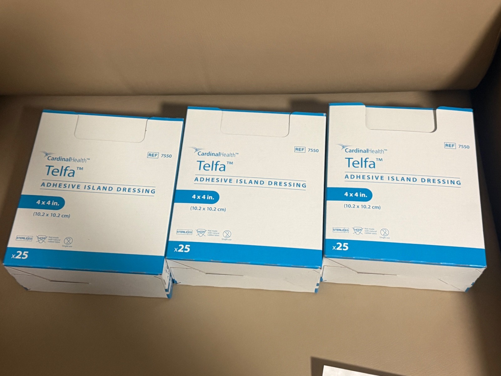 Lot of 3 Telfa Adhesive Dressing, 4\'\' X 4\'\' Non-Woven, White Sterile, 7550 Lot of 3 Telfa Adhesive Dressing, 4\'\' X 4\'\' Non-Woven, White Sterile, 7550