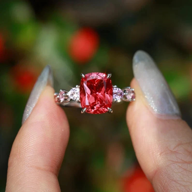 4.65 Ct Cushion Cut Natural Ruby & Diamond Wedding Ring 14k White Gold Size 7