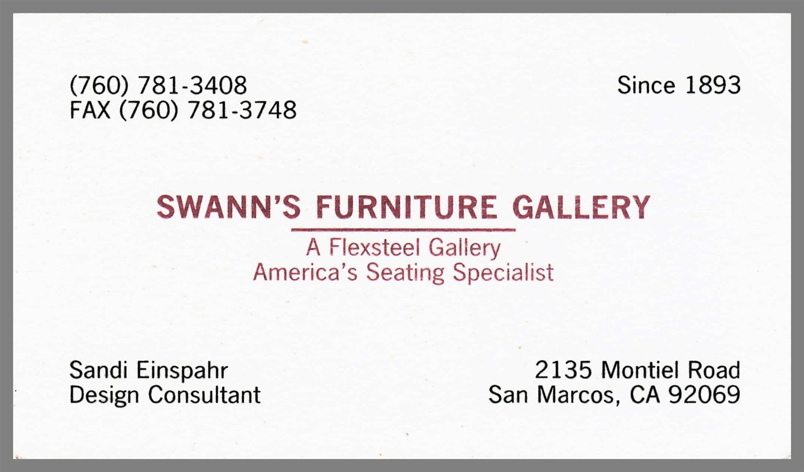 Swann\'s Furniture Gallery Sandi Einspahr San Marcos CA Vintage Business Card