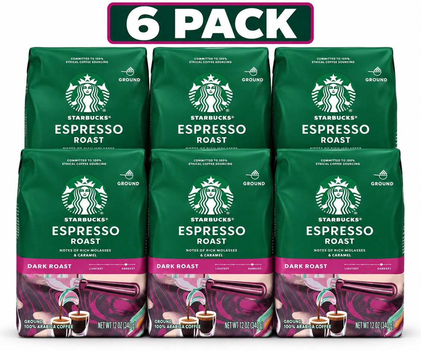 LOT OF 6 Starbucks Espresso Roast 100% Arabica Dark Ground Coffee 12oz EACH LOT OF 6 Starbucks Espresso Roast 100% Arabica Dark Ground Coffee 12oz EACH