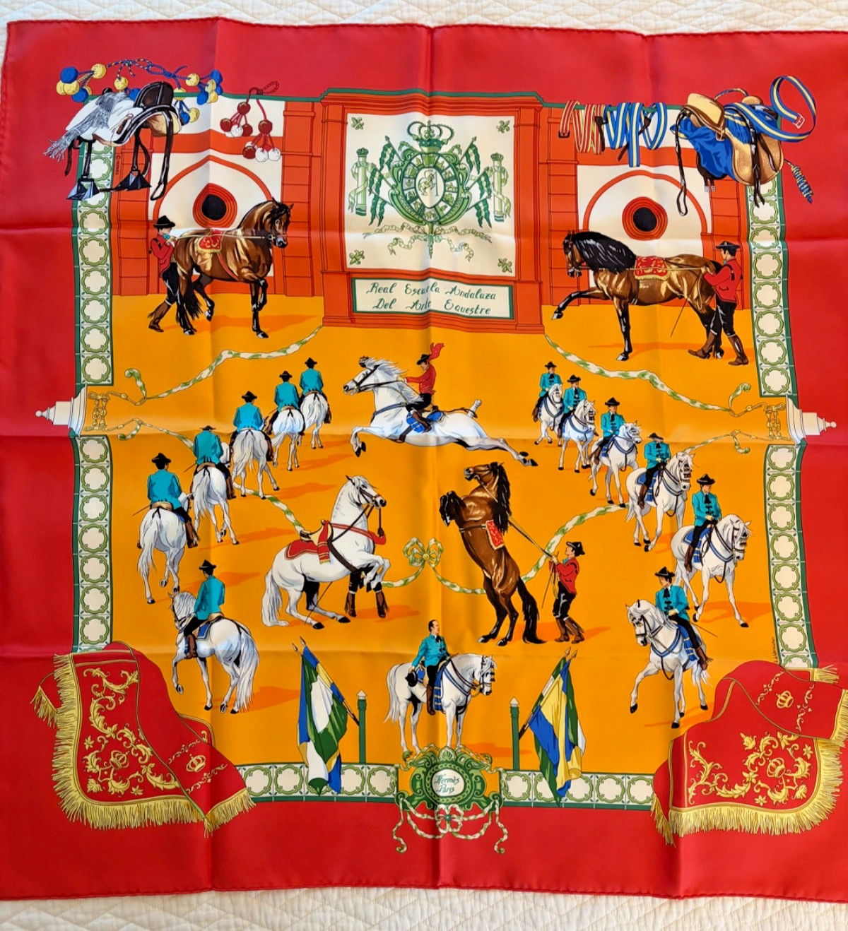 HERMES Scarf Carre90 Red Silk Real Escuela Andaluza del Arte Excellent condition