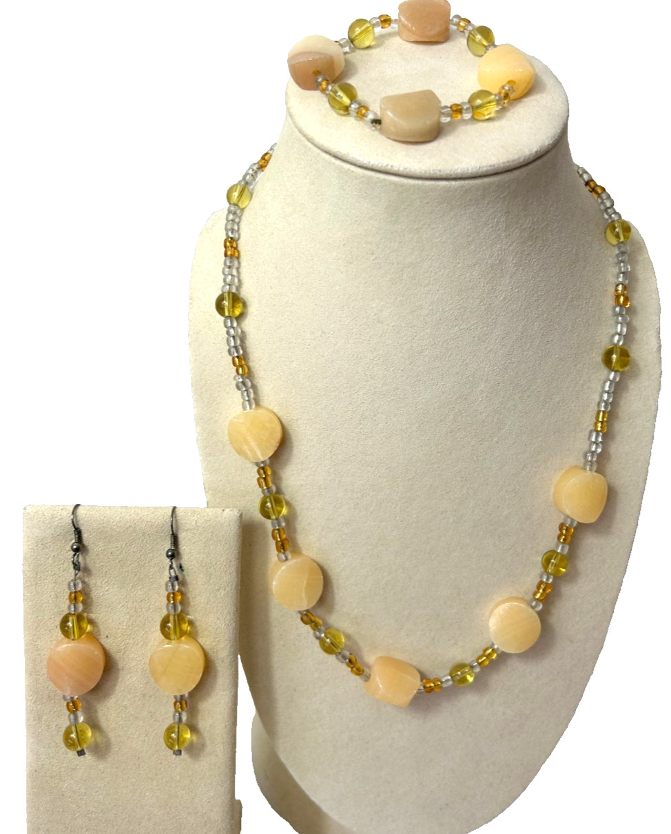 3 Pc Artisan Gemstone Jewelry Set Yellow Stone Necklace Bracelet Earrings Boho 3 Pc Artisan Gemstone Jewelry Set Yellow Stone Necklace Bracelet Earrings Boho